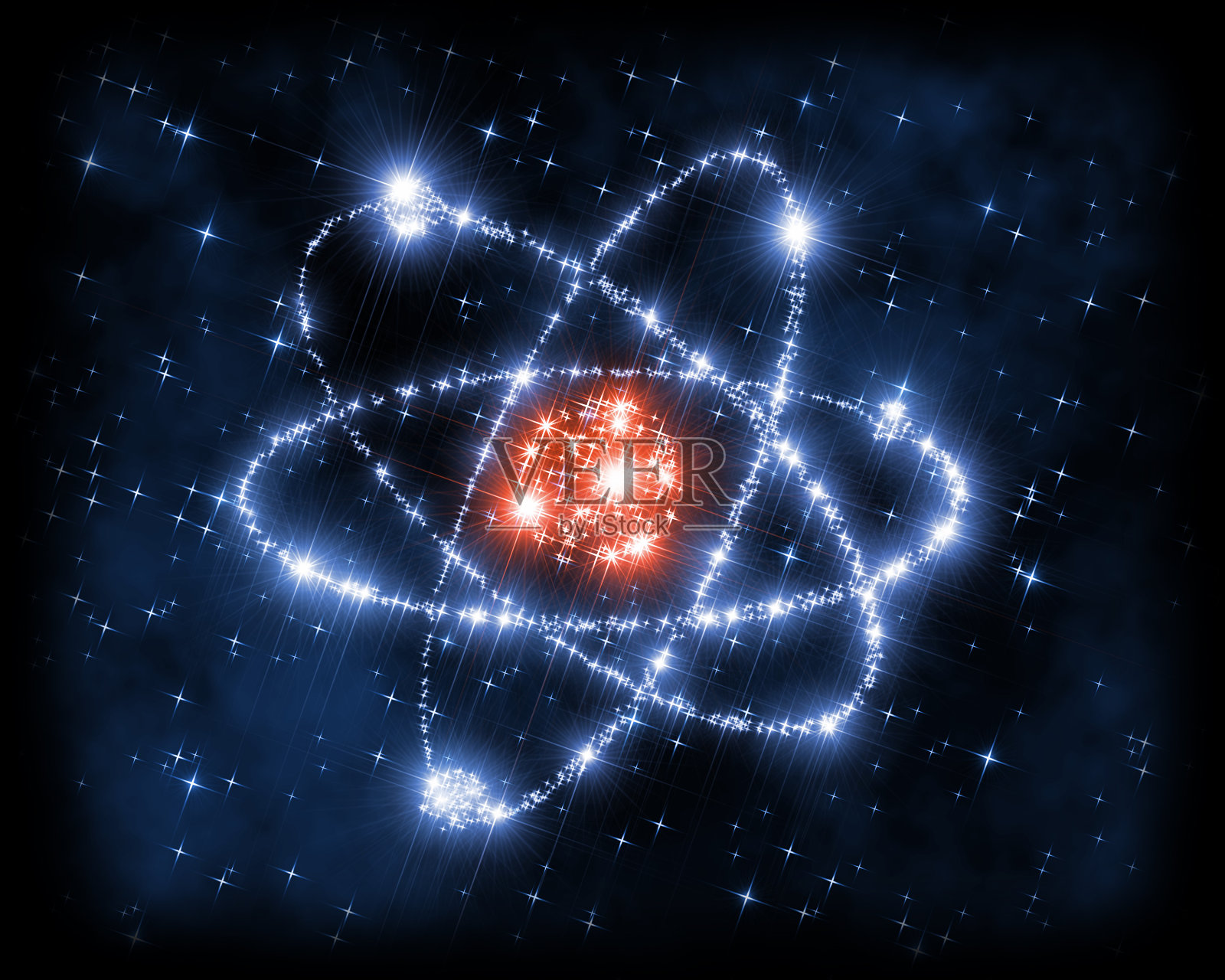 抽象的背景插图，代表了以原子核为中心，电子旋转的原子模型符号，象征着技术、纳米技术、物理学、微观世界和现代科学。插画图片素材