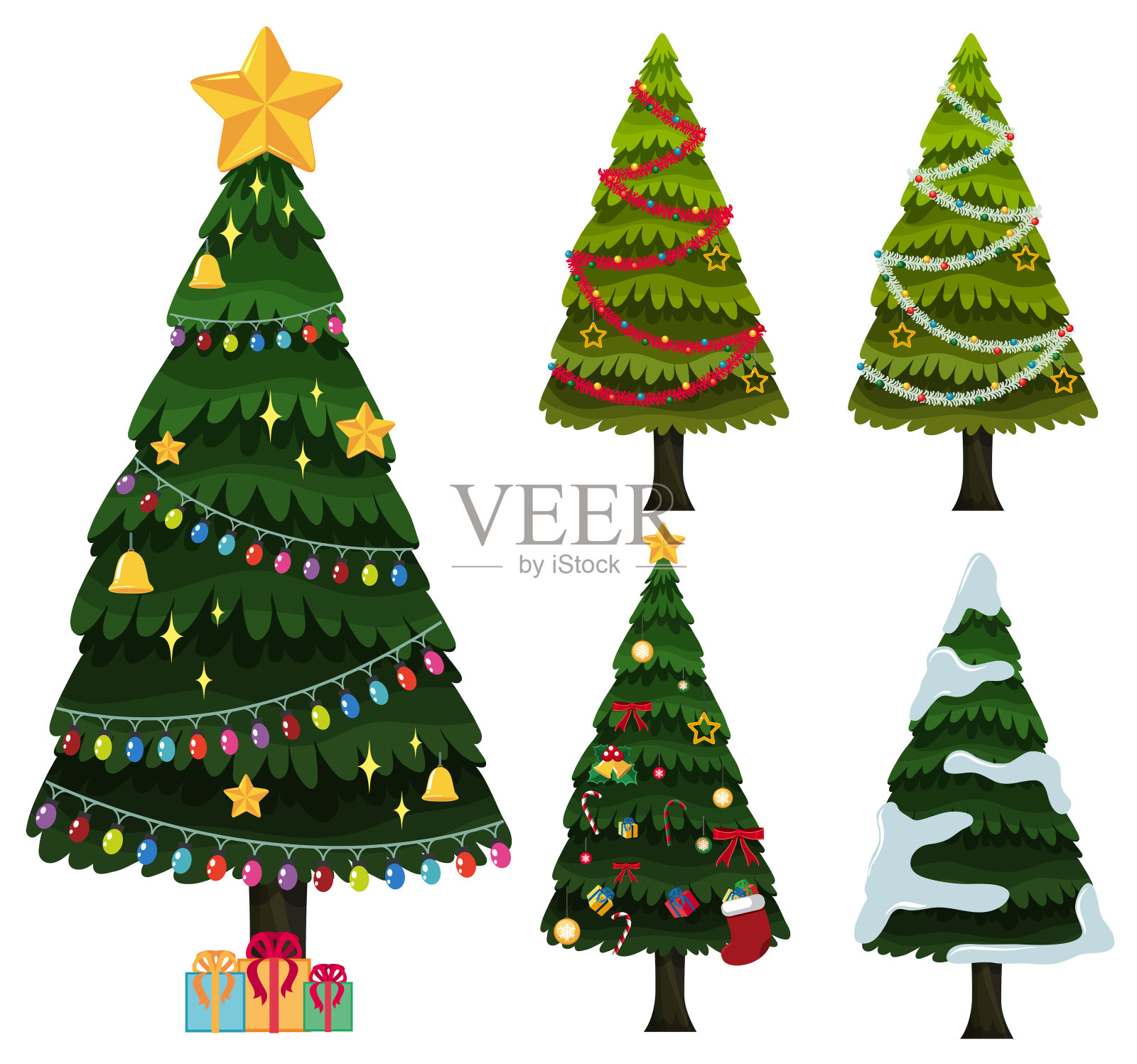五棵圣诞树装饰插画图片素材