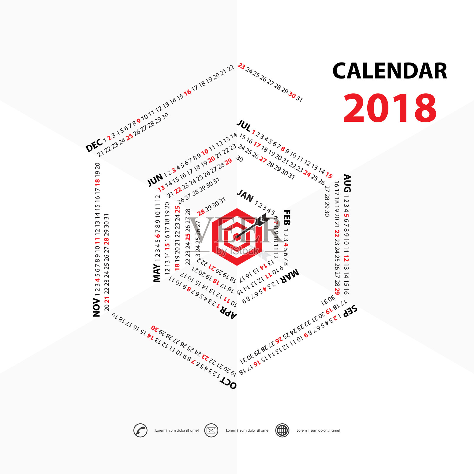 2018年日历模板。六边形的日历。矢量设计文具模板。平面风格的颜色矢量插图。年度日历模板。设计模板素材