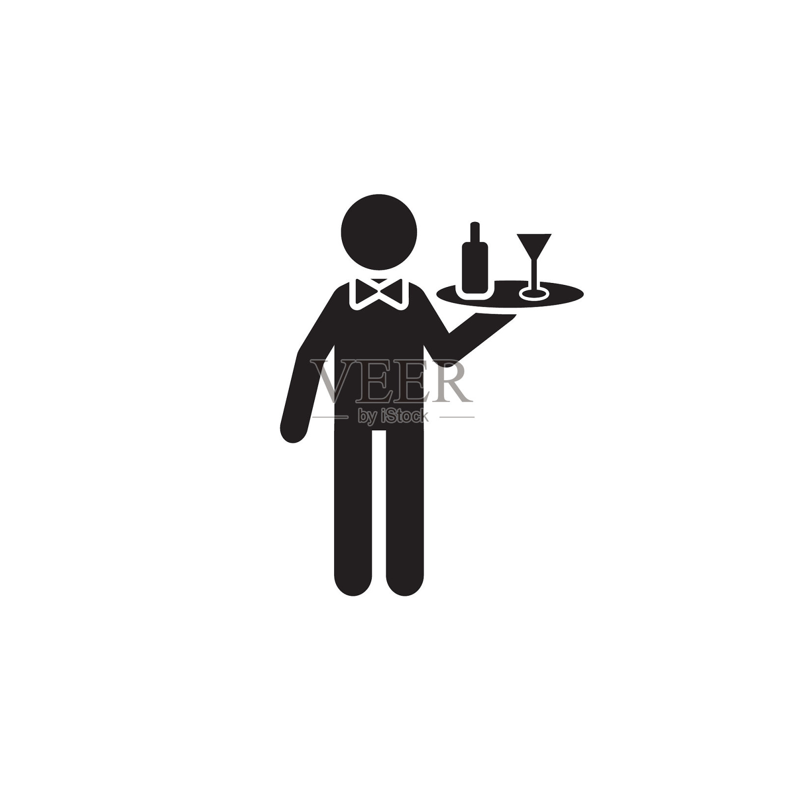 餐厅或客房服务服务员向量图标黑色，与玻璃和瓶子图标素材