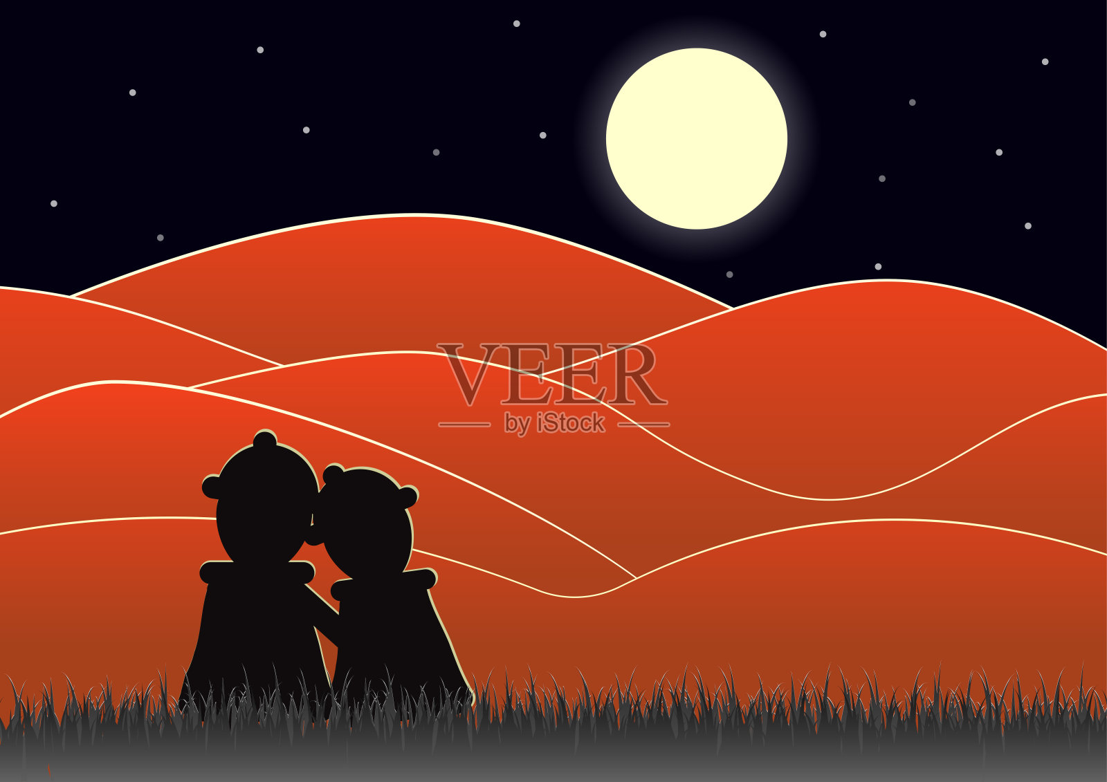 月圆之夜，山中的剪影恋人。插画图片素材