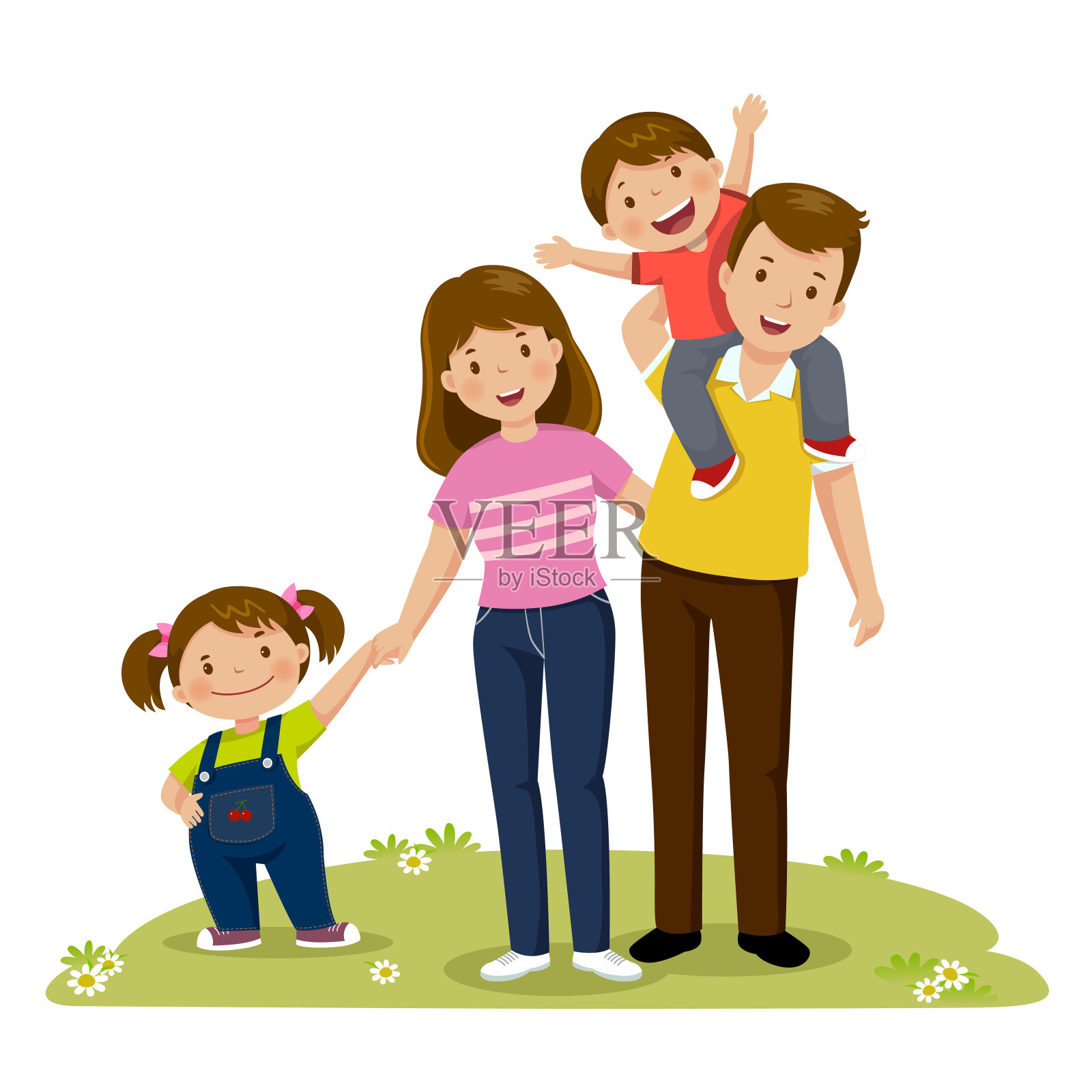 四个成员幸福的家庭合影。父母与孩子插画图片素材