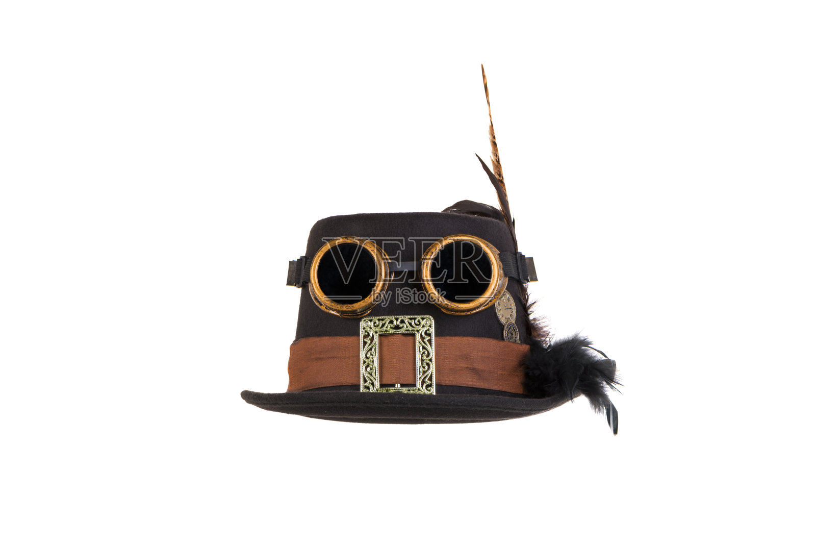 蒸汽朋克的帽子和护目镜前面的白色背景照片摄影图片