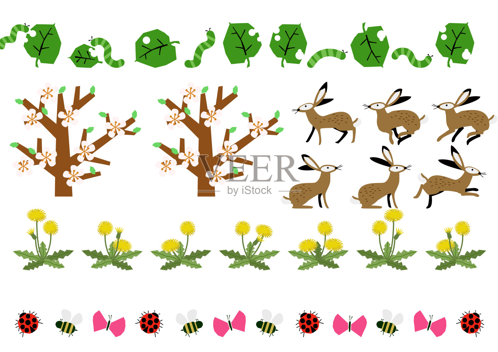 春天的形象。春景插图。材料收集。兔的材料和春天的景观。插画图片素材