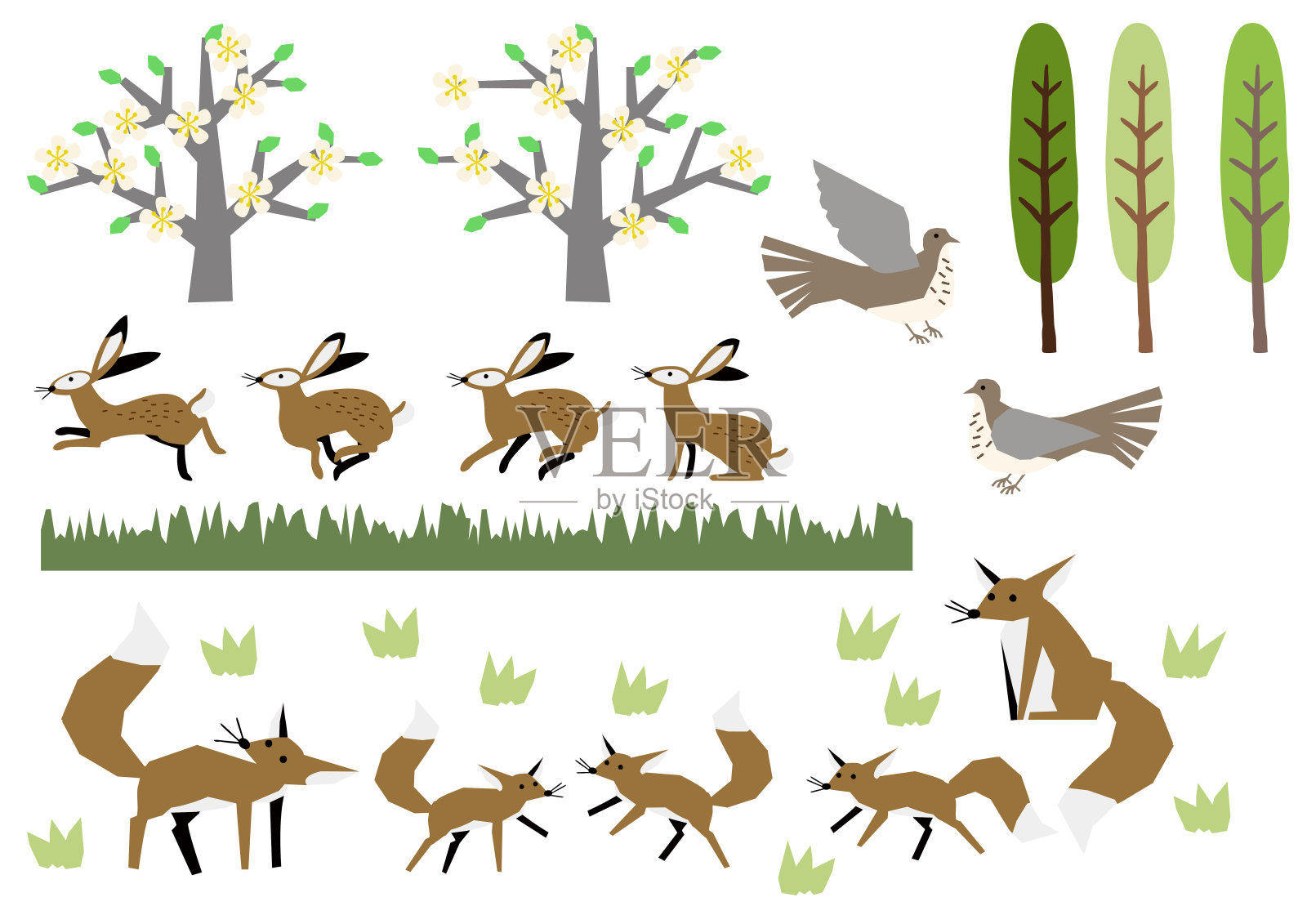 狐狸和兔子。熊和春天景观的材料。弹簧材料收集。春天的动物。插画图片素材
