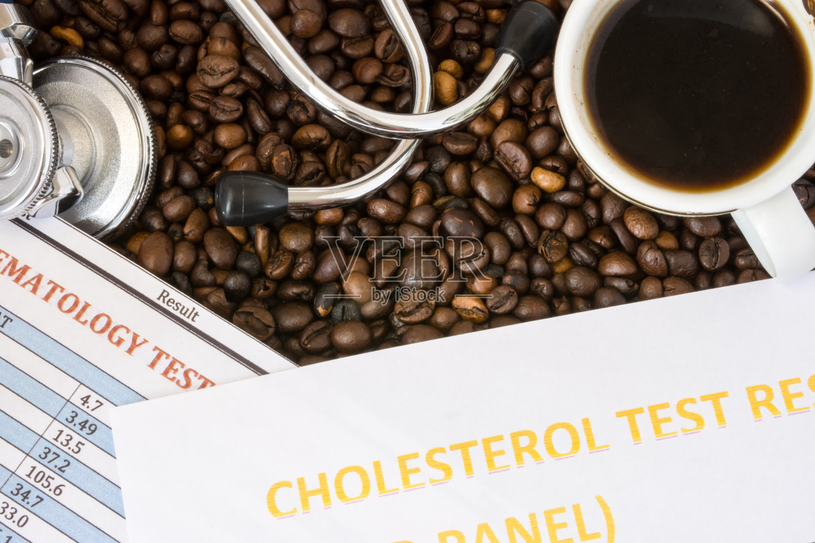 全血计数，胆固醇测试结果或脂质图，医疗听诊器和一杯咖啡的背景是咖啡豆。咖啡和咖啡因对血液的正面或负面影响照片摄影图片