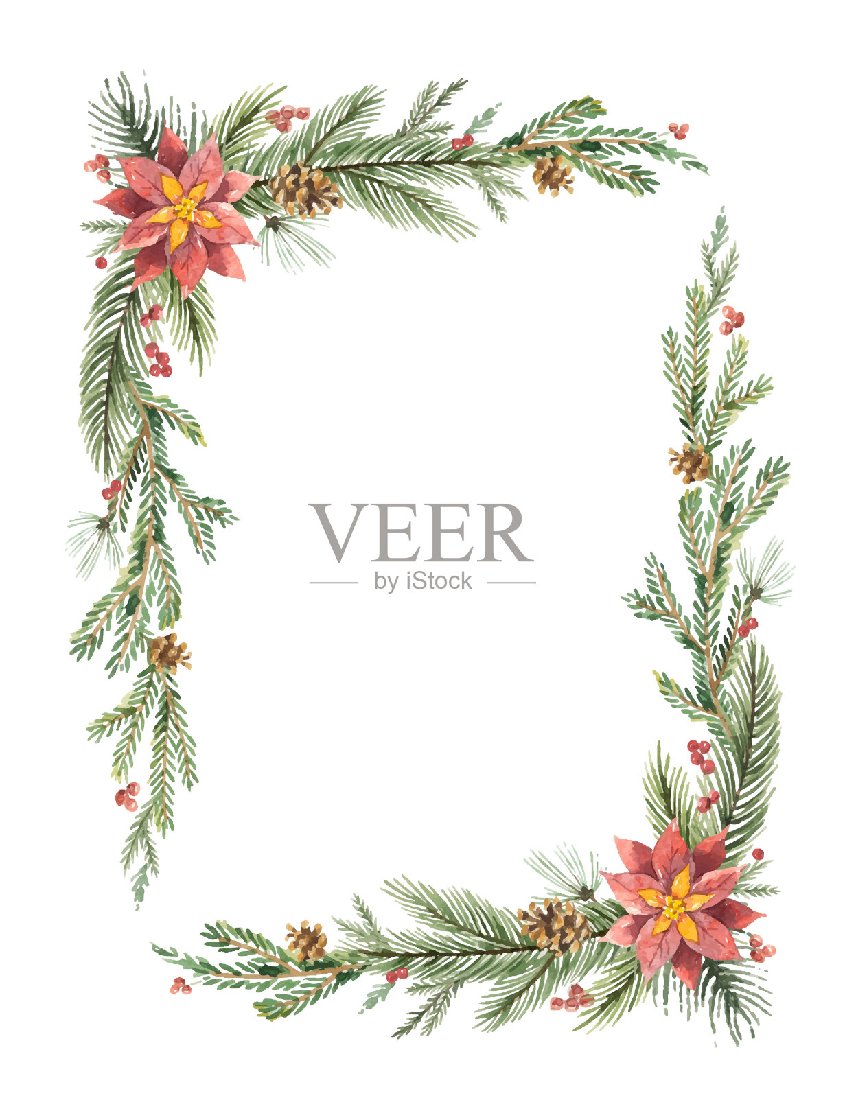 水彩矢量圣诞框架与冷杉树枝和文字的地方。设计元素图片