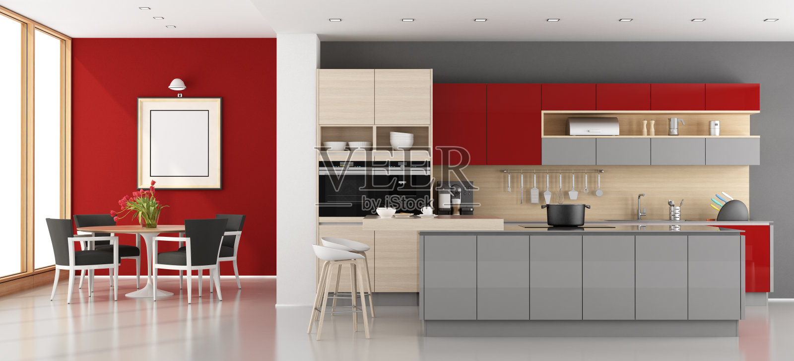 红色和灰色的现代厨房照片摄影图片