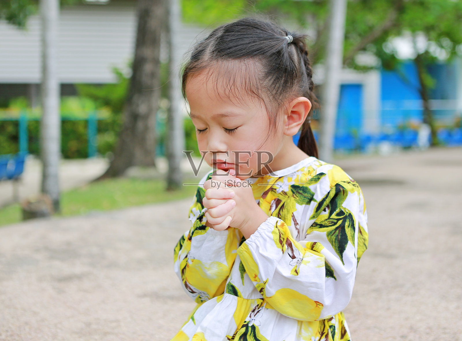 闭上眼睛，小亚洲女孩在花园里祈祷。照片摄影图片