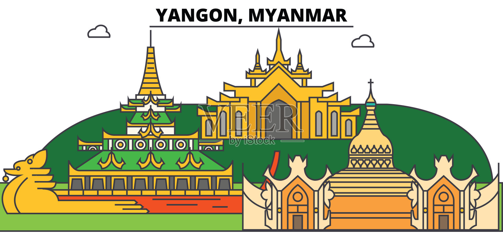 缅甸仰光勾勒天际线，缅甸平细线图标、地标、插图。仰光，缅甸城市景观，缅甸媒介旅游城市旗帜。城市的轮廓插画图片素材