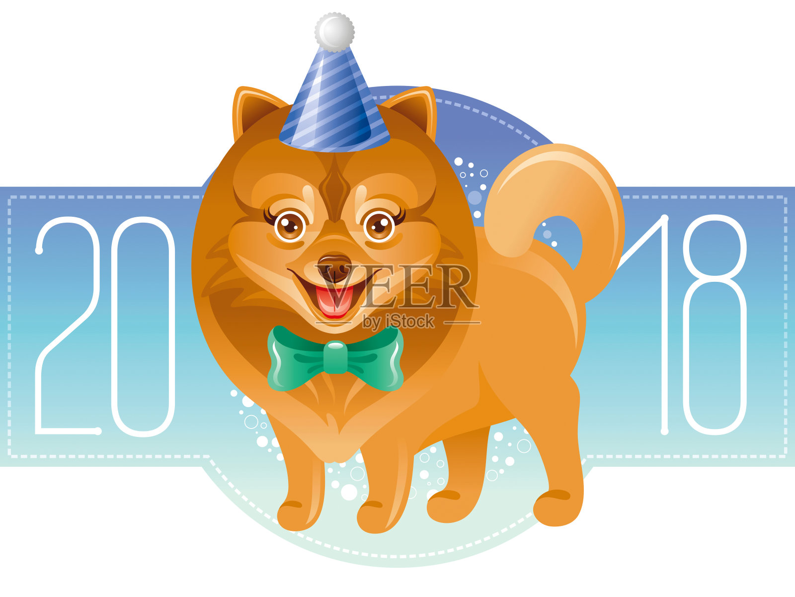 祝你2018年新年快乐。中国新年狗年象征，东方节日，孤立白色背景海报邀请设计。平面卡通人物图标，博美矢量插图设计元素图片