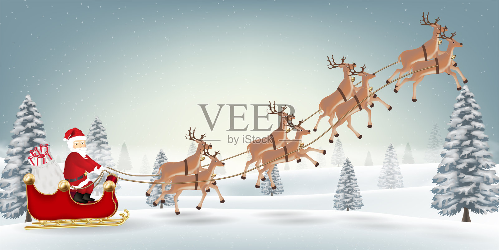 圣诞老人驯鹿在圣诞冬天的森林里插画图片素材