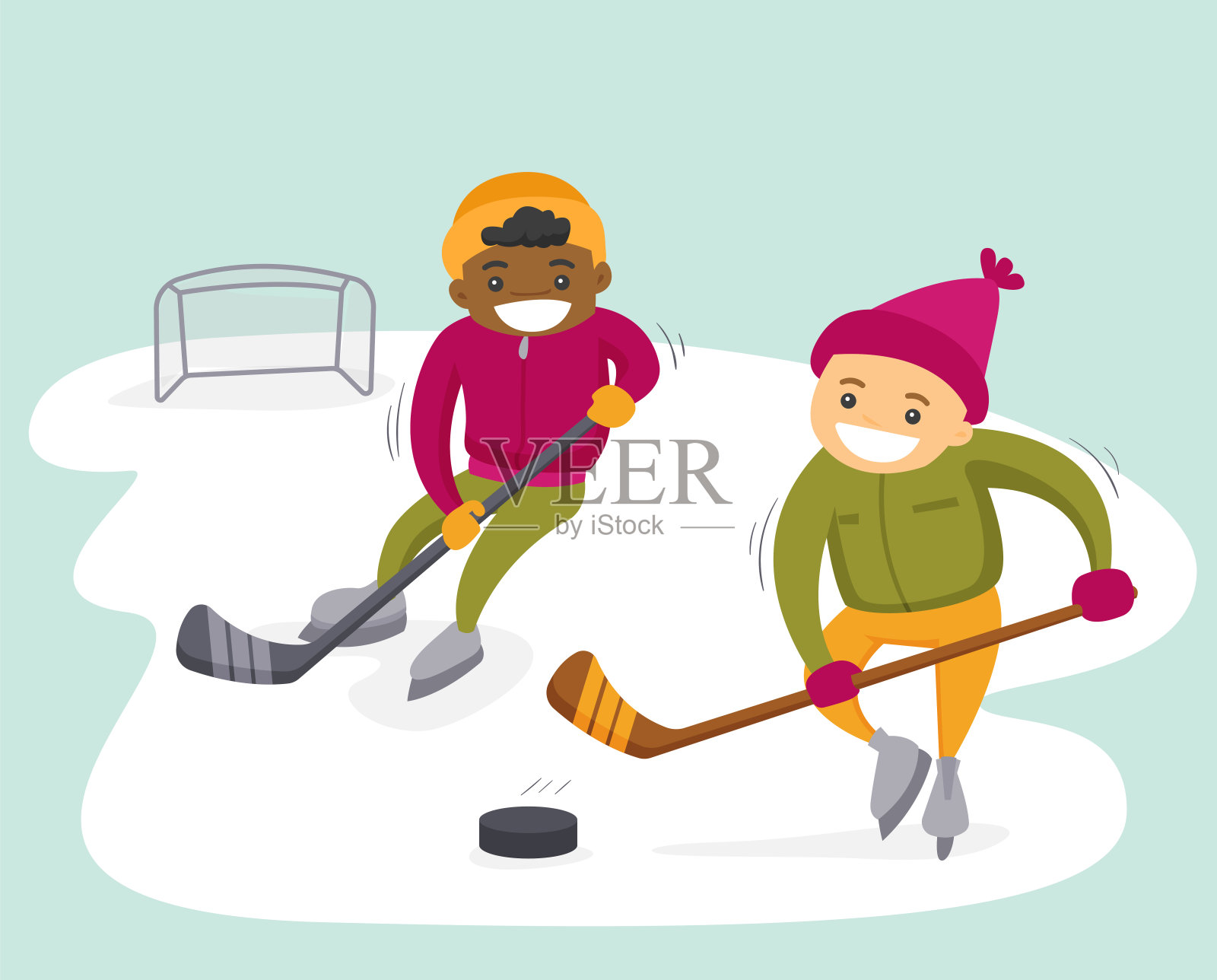多民族男孩在户外冰场打曲棍球插画图片素材