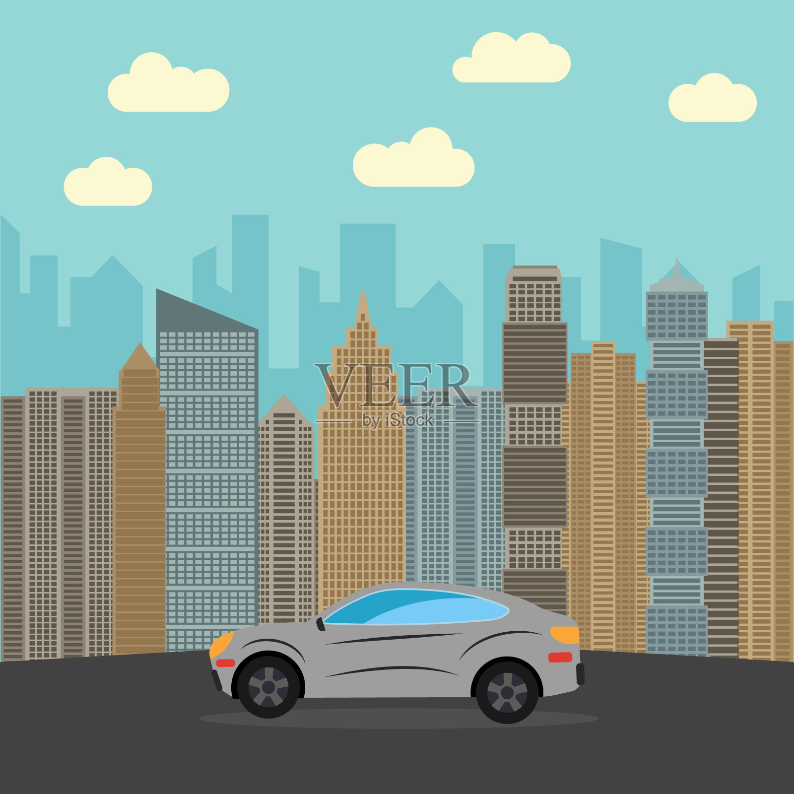 灰色的车在城市里插画图片素材