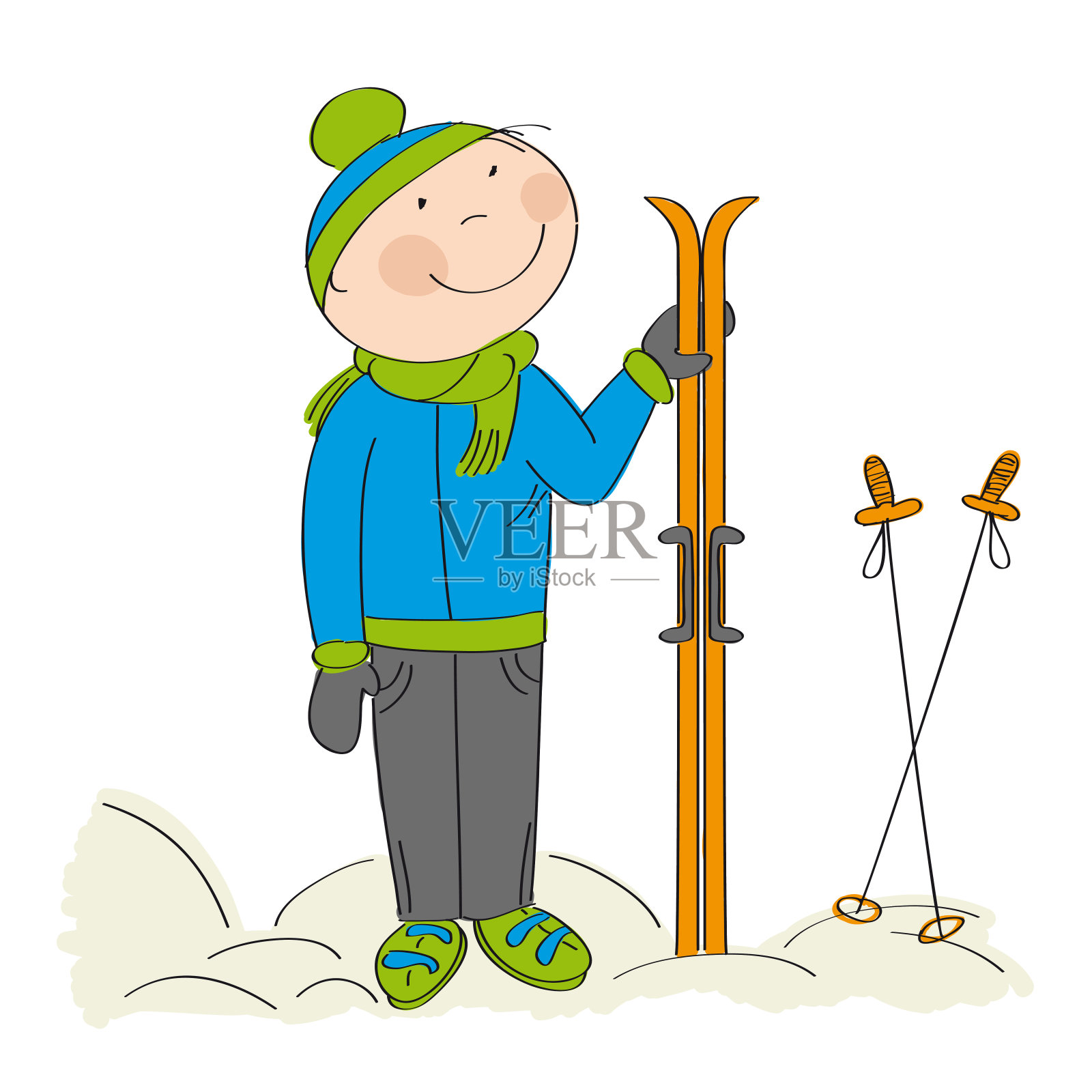 快乐的滑雪者，站和持有滑雪-原始手绘插图设计元素图片