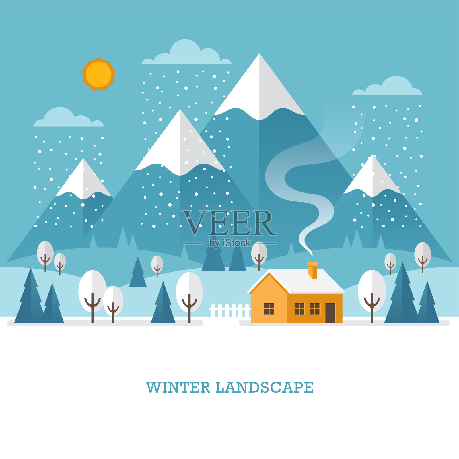 有房子和山脉的冬季景观。插画图片素材