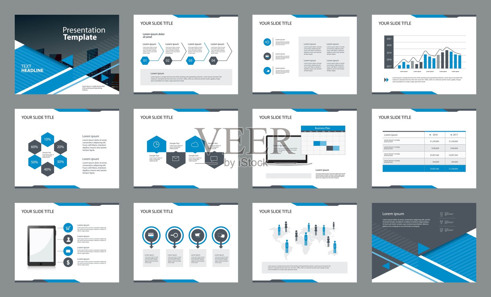 页面布局设计与信息图形元素模板的展示，小册子和报告的概念设计模板素材