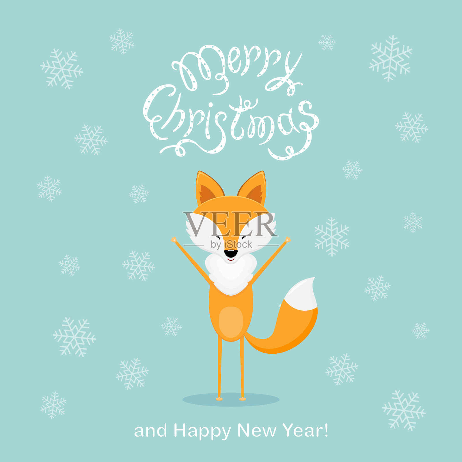 蓝色的圣诞背景，点缀着快乐的狐狸和雪花设计元素图片