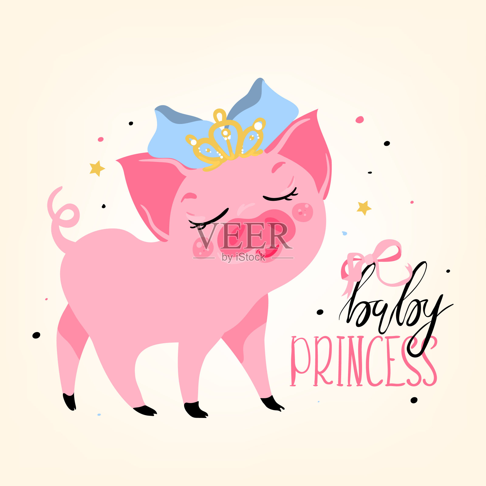 可爱的，可爱的，卡通的，扁的亮粉色小猪宝宝公主插画图片素材