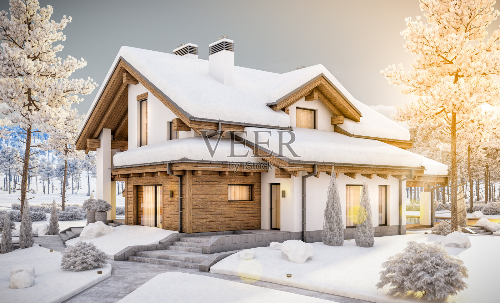 木屋风格的现代舒适住宅的3d渲染插画图片素材