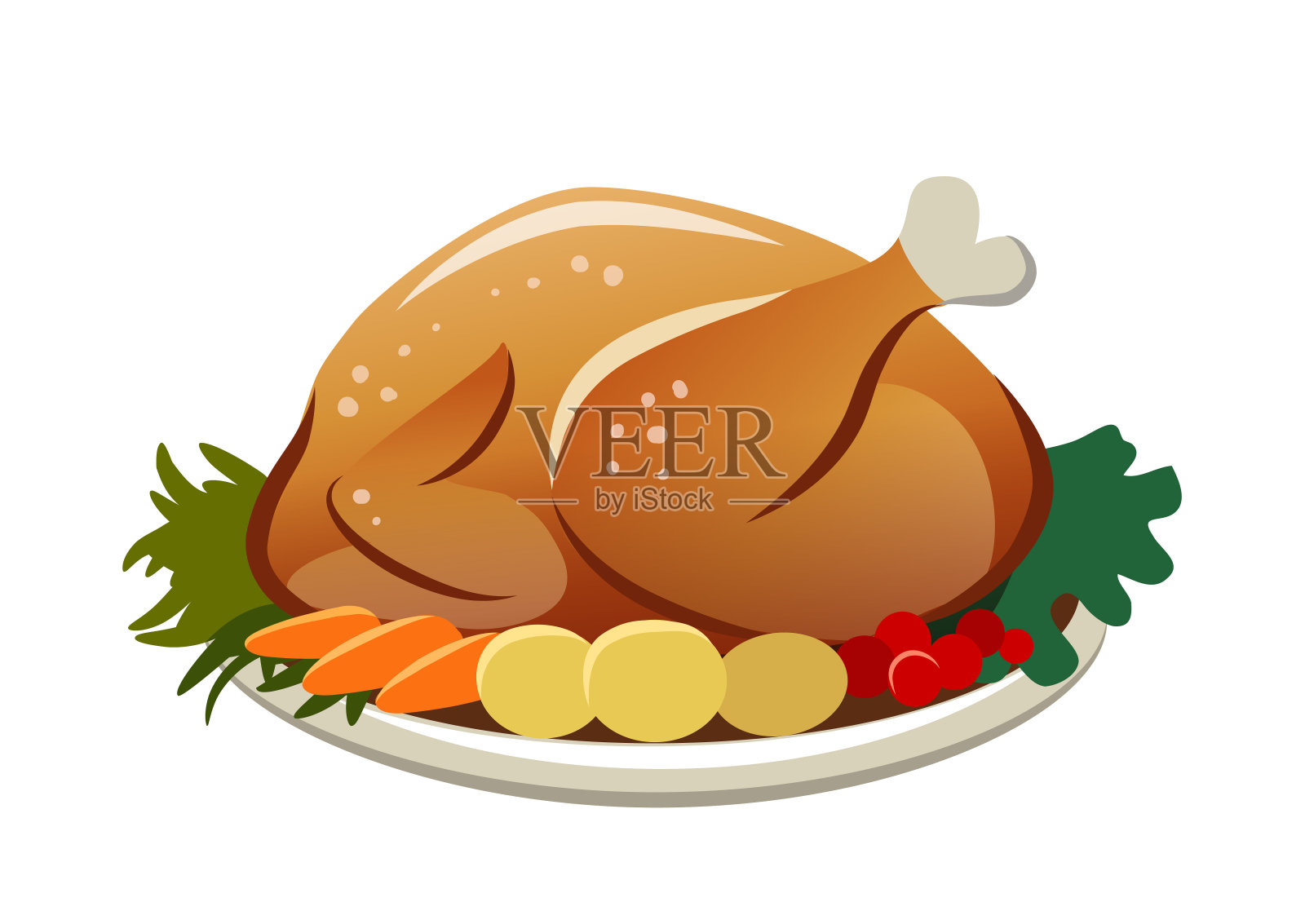 矢量插图的一个烤火鸡与土豆，胡萝卜和绿色的浅盘。感恩节、圣诞节、晚餐以食物为主题的设计元素，扁平的当代风格孤立于白色之上。设计元素图片