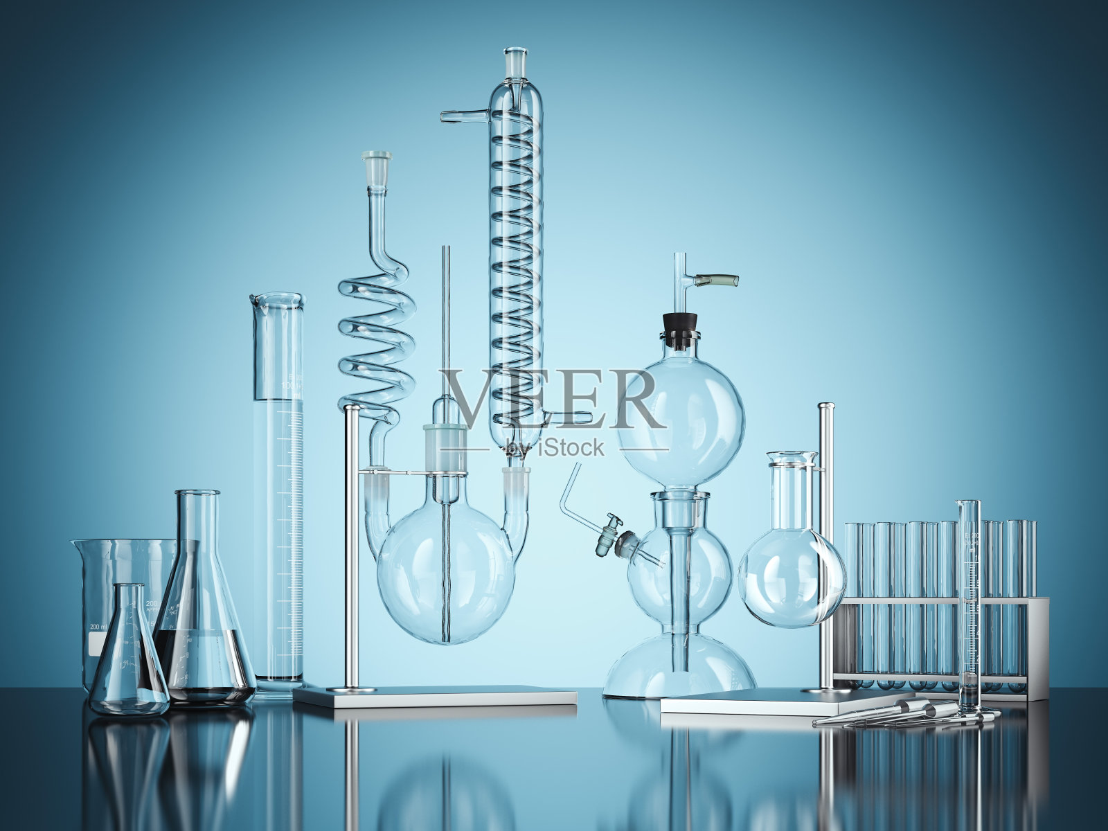 蓝色背景上的玻璃化学实验室设备。三维渲染插画图片素材
