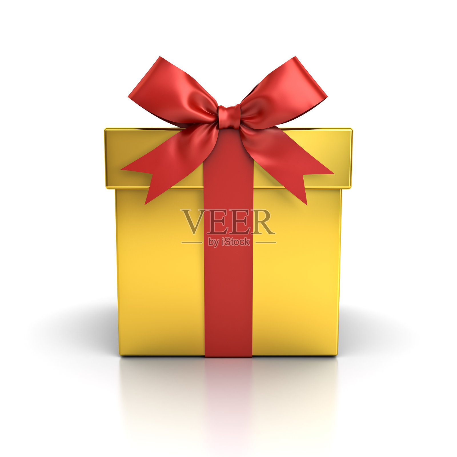 礼盒，金色礼盒，红色丝带蝴蝶结，白色背景，反光。三维渲染插画图片素材