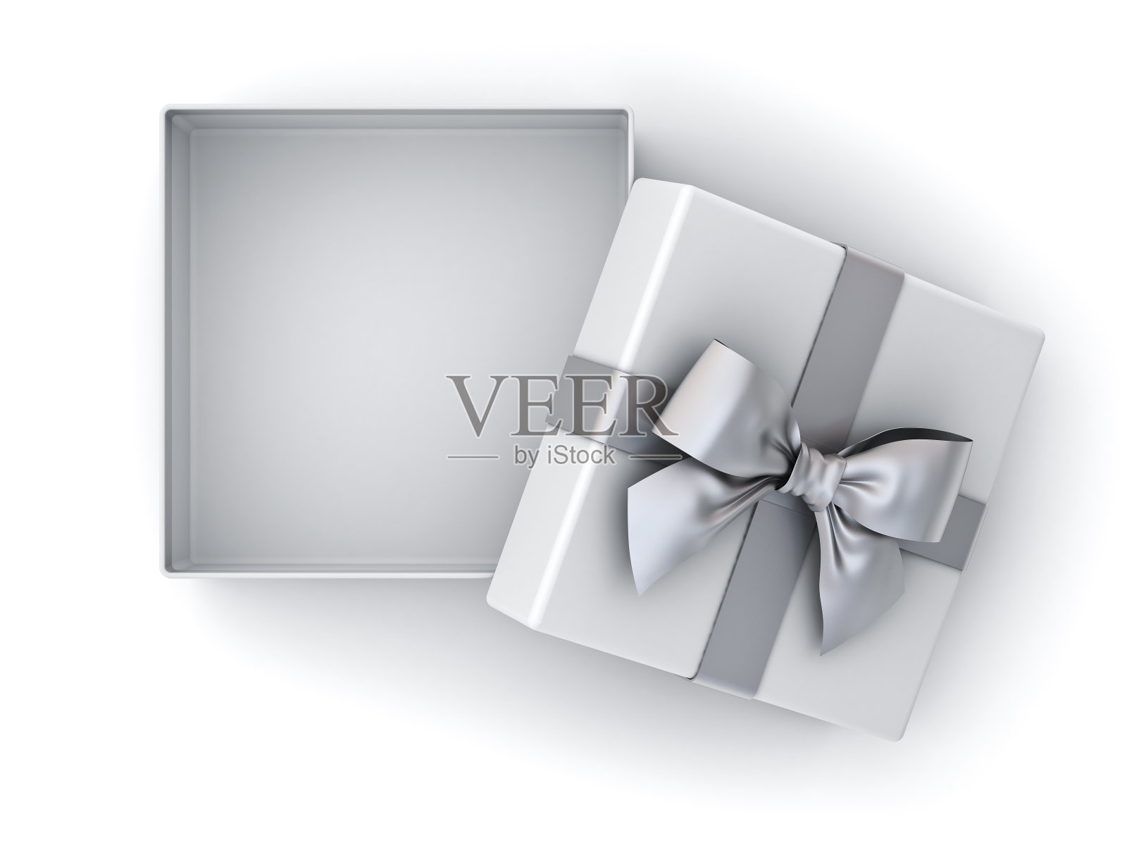 打开礼物盒，圣诞礼物盒的银色丝带蝴蝶结和空白的盒子孤立在白色的背景与阴影插画图片素材