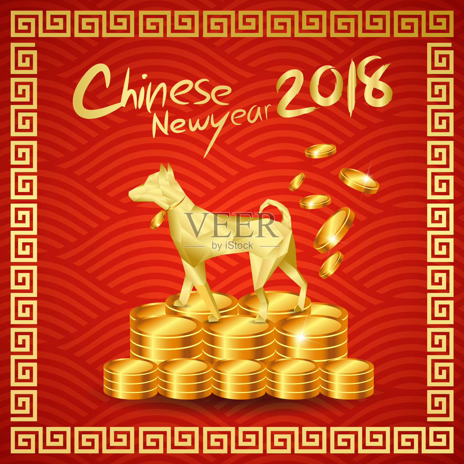 2018年中国新年快乐，狗百万富翁站在中国金币堆/狗年设计模板素材