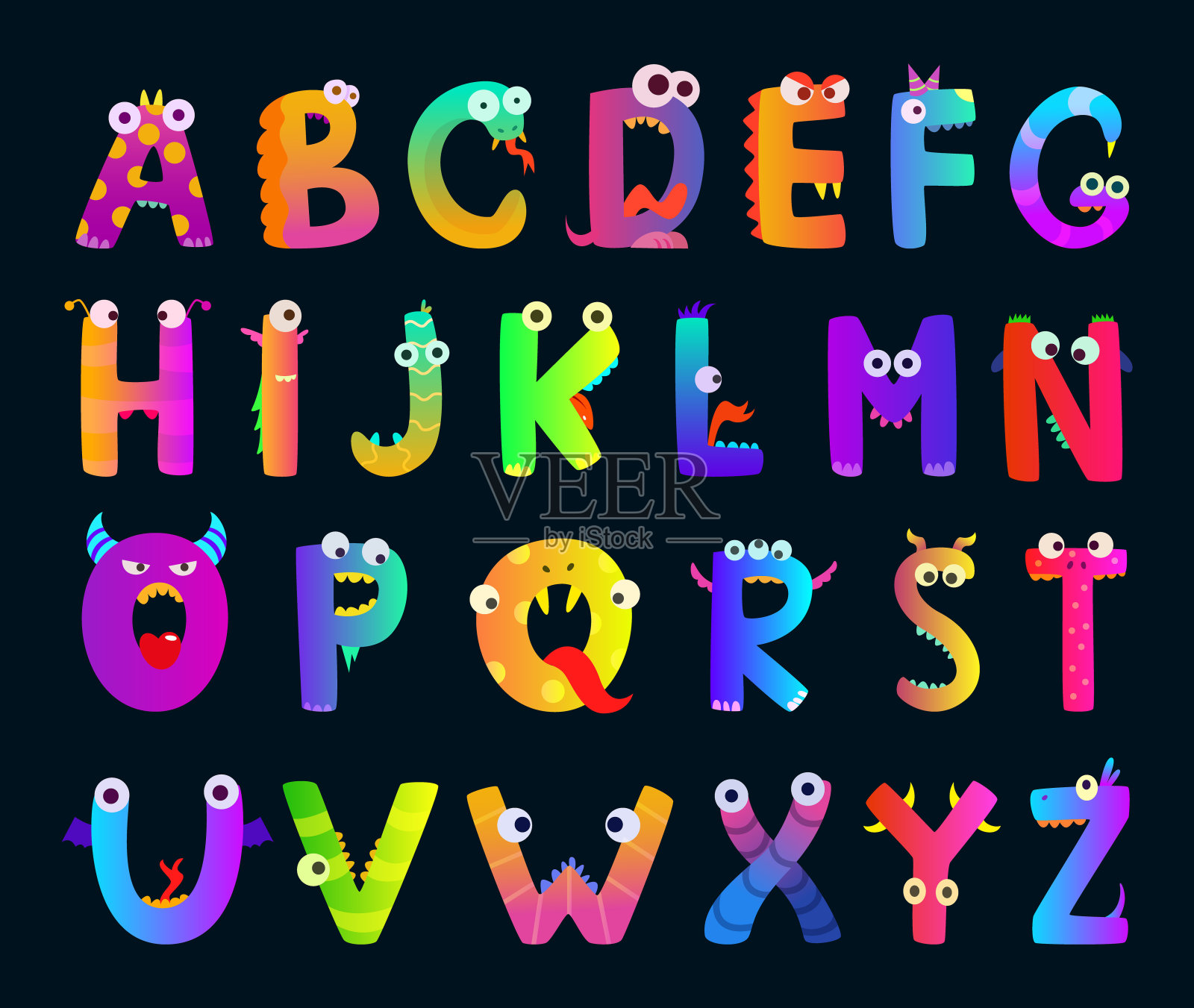 孩子们用有趣的怪物字母拼字母。向量可爱的人物插画图片素材