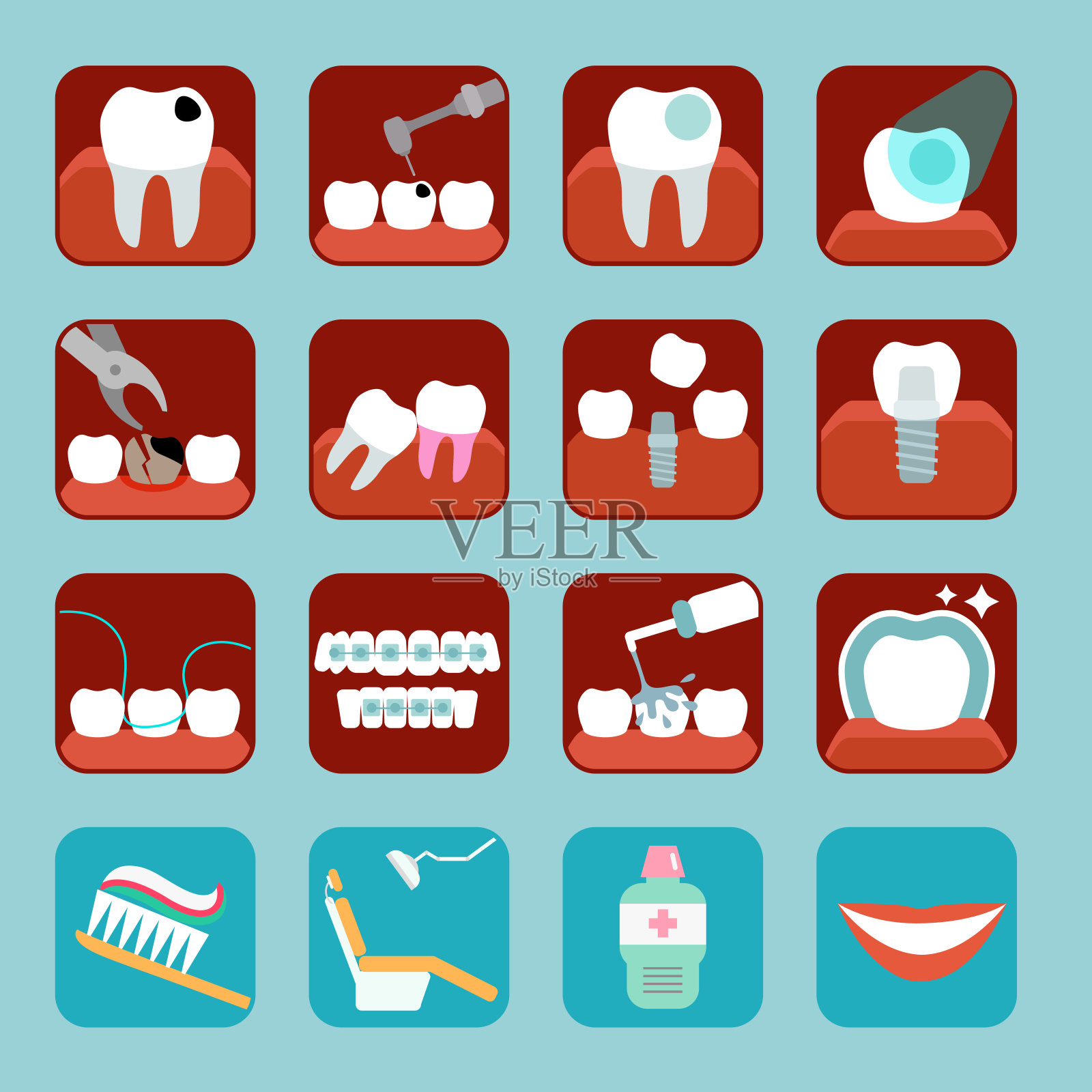 一组16个简单的图标。口腔和牙科程序的图标。Toothcare矢量图图标素材