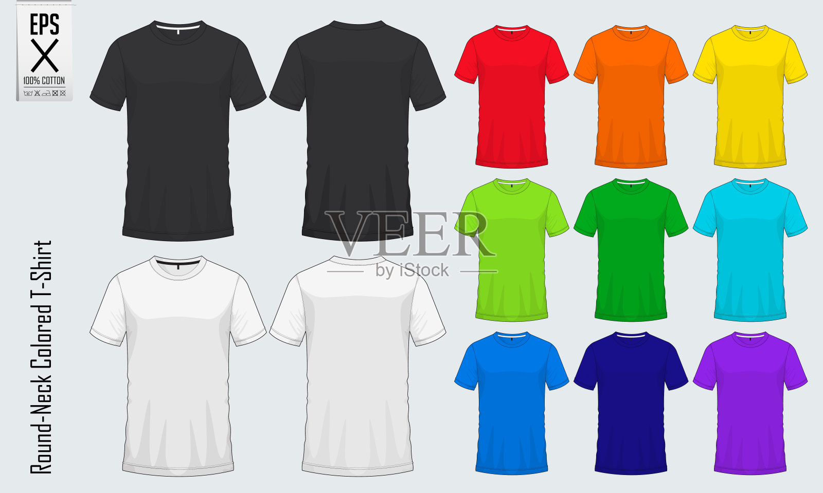 圆领t恤模板。在棒球，足球，足球，运动服或休闲服前视图和后视图的一套彩色衬衫模型。向量插画图片素材