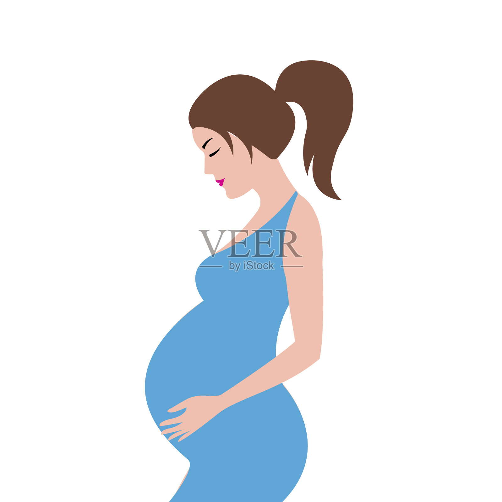 简单可爱的彩色矢量插图怀孕的棕色头发女人与马尾辫在蓝色连衣裙。插画图片素材
