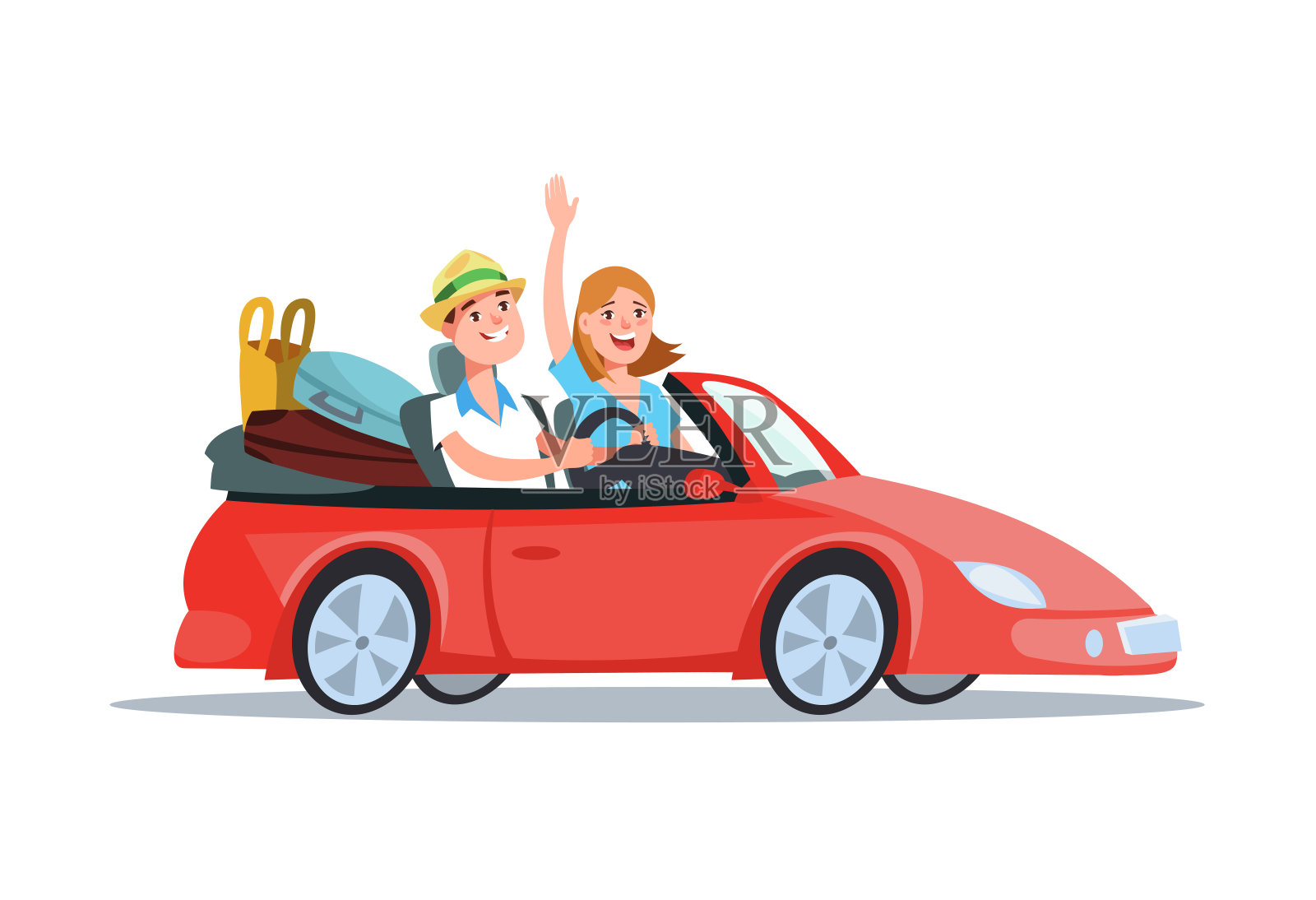 快乐的年轻夫妇坐在一辆红色的车里度假插画图片素材