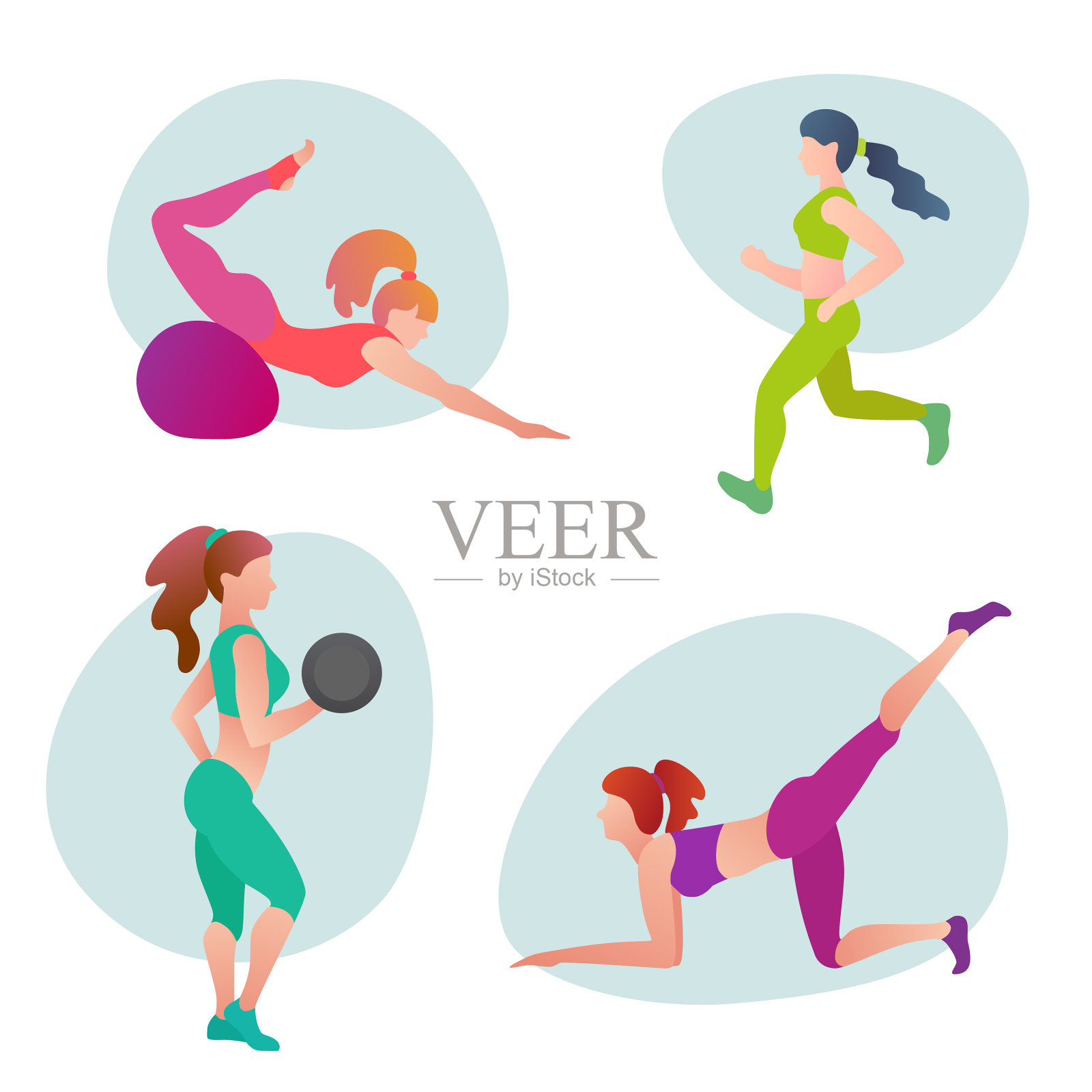 一组妇女穿着运动服在做运动。健身运动的概念。运动训练。健康的生活方式。矢量插图在一个平坦的风格与时尚的梯度填充。插画图片素材