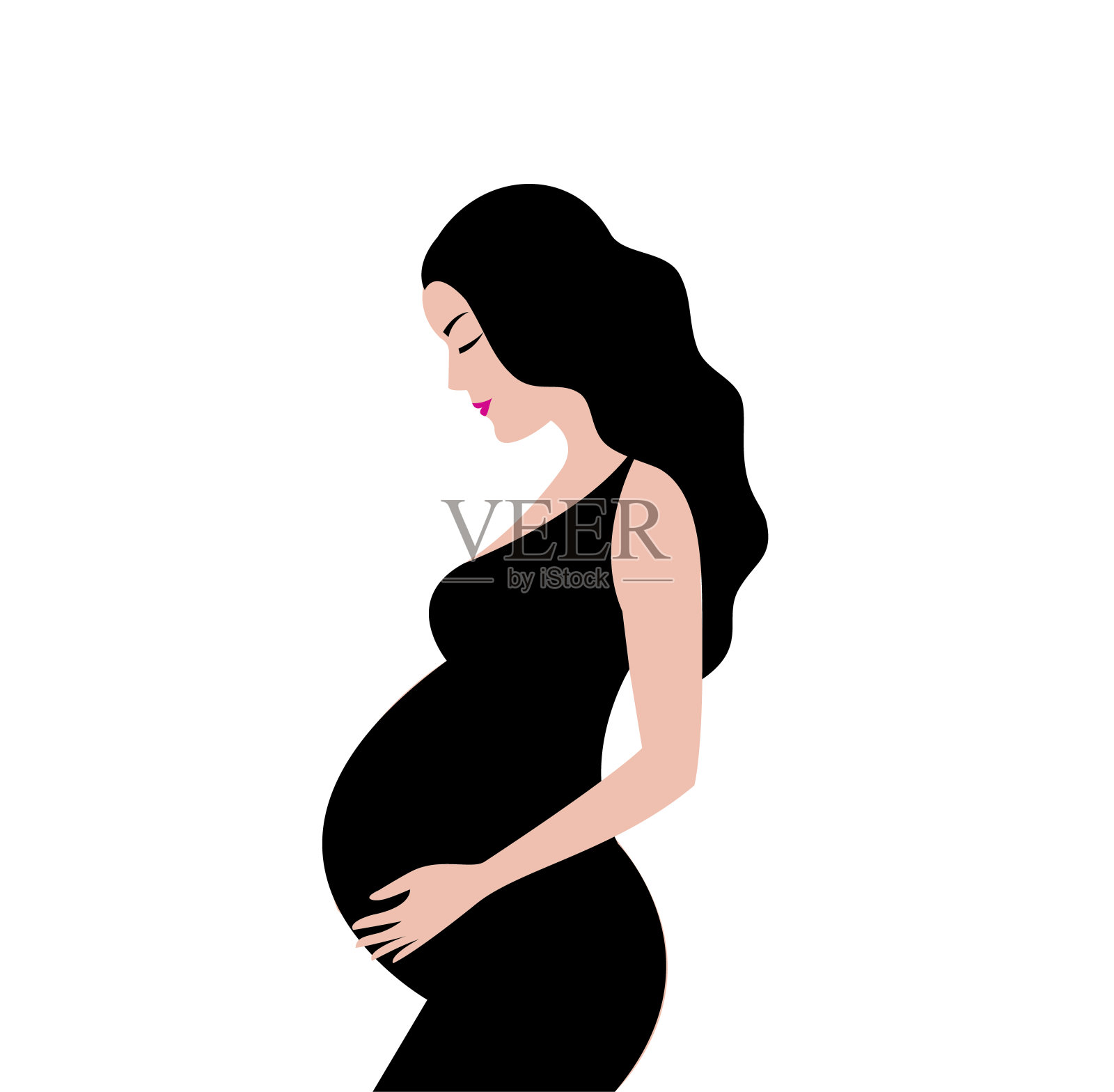 简单可爱的彩色矢量插图怀孕的黑发女人在黑色的裙子。插画图片素材