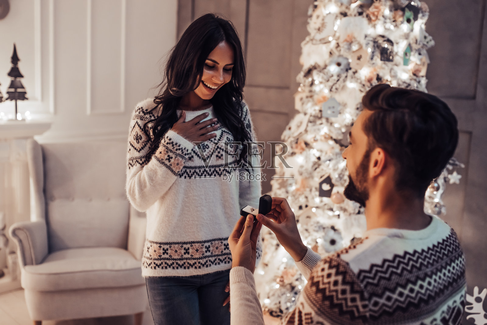 美丽的情侣在家里美丽的圣诞树旁一起等待新年。照片摄影图片