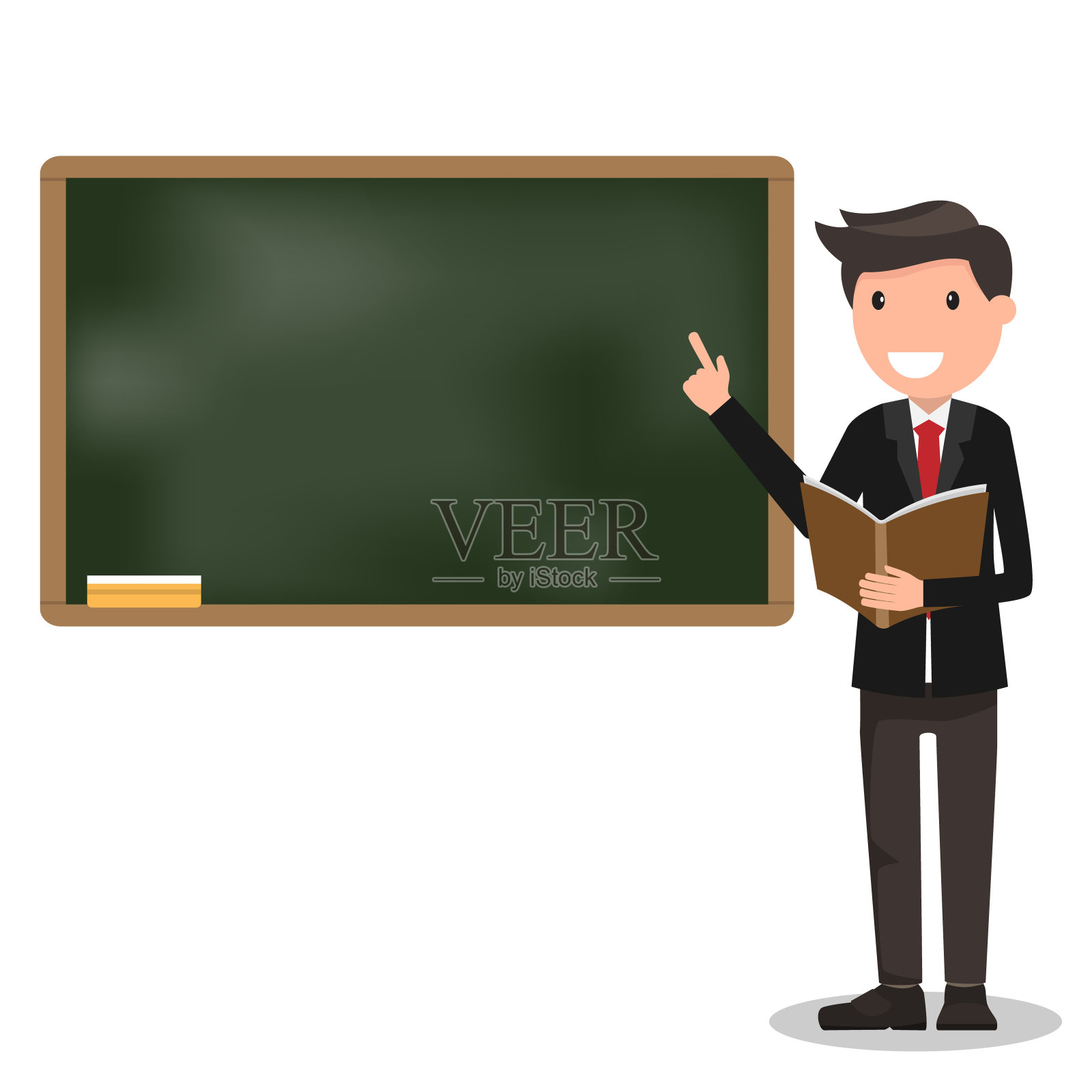 年轻的男老师拿着书在教室的黑板上讲课。老师在船上展示。卡通教育矢量插图。插画图片素材