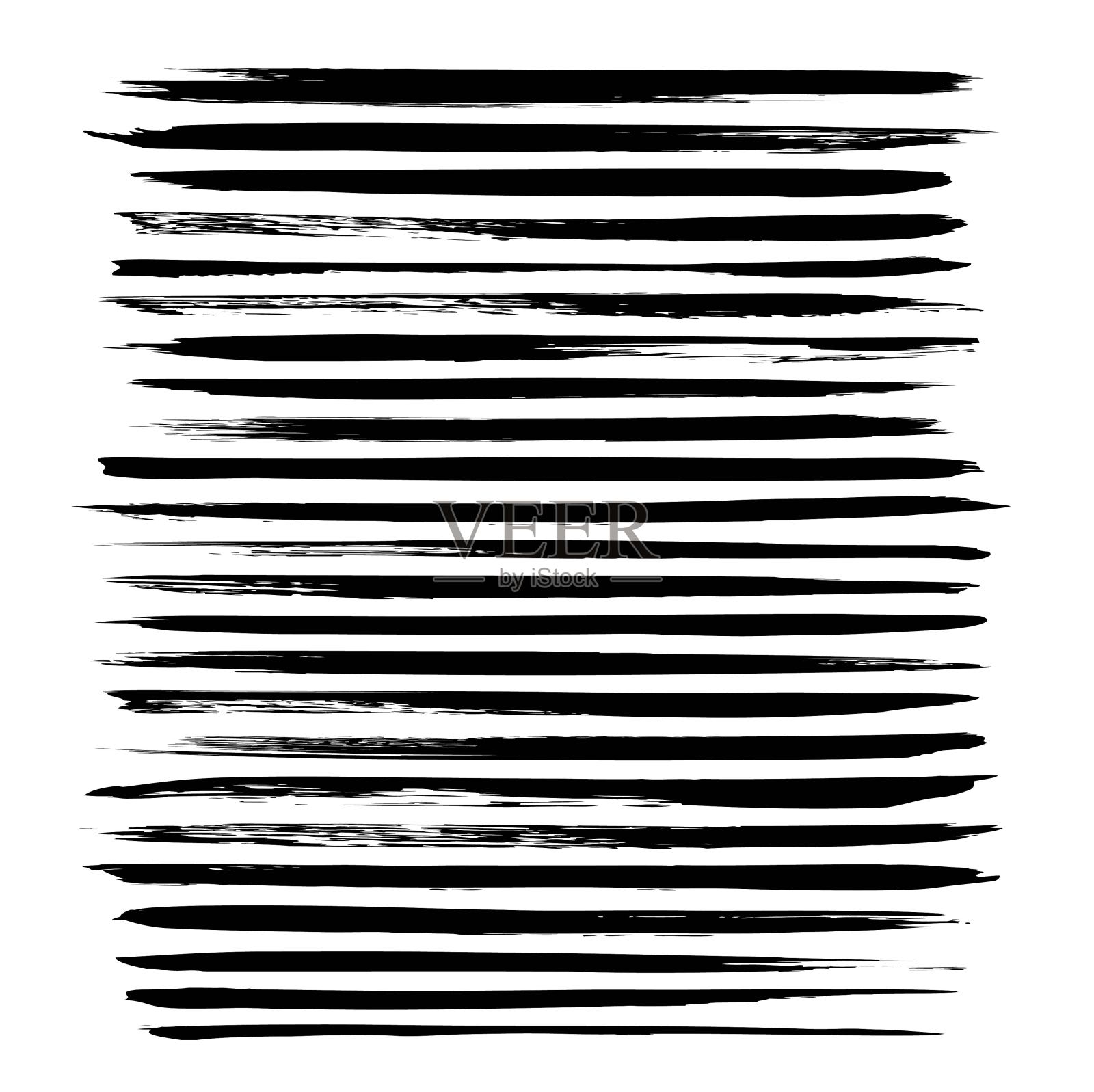 非常长的和薄的纹理笔触，厚厚的黑色水粉颜料孤立在白色的背景上插画图片素材