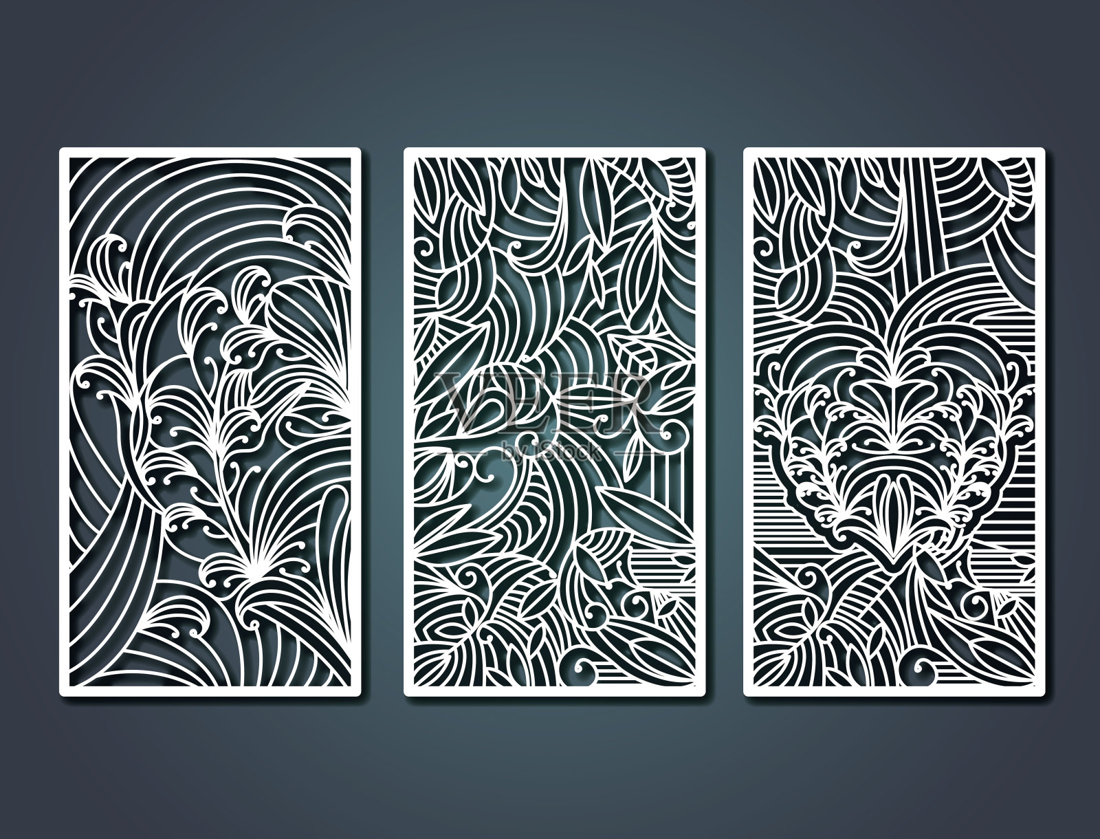 激光切割矩形框架与装饰花卉形式在钢蓝色背景插画图片素材