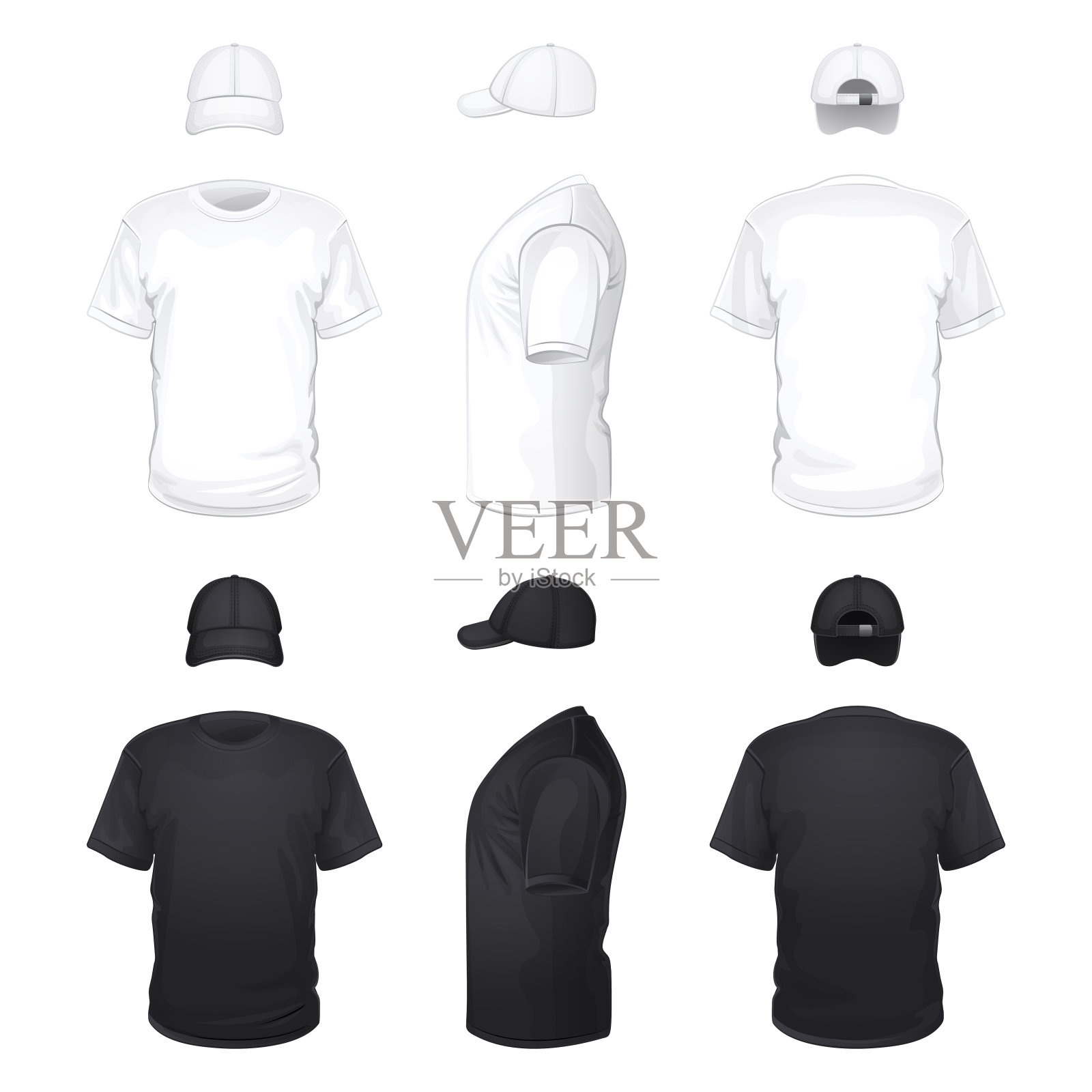 白色和黑色的t恤和帽子插画图片素材