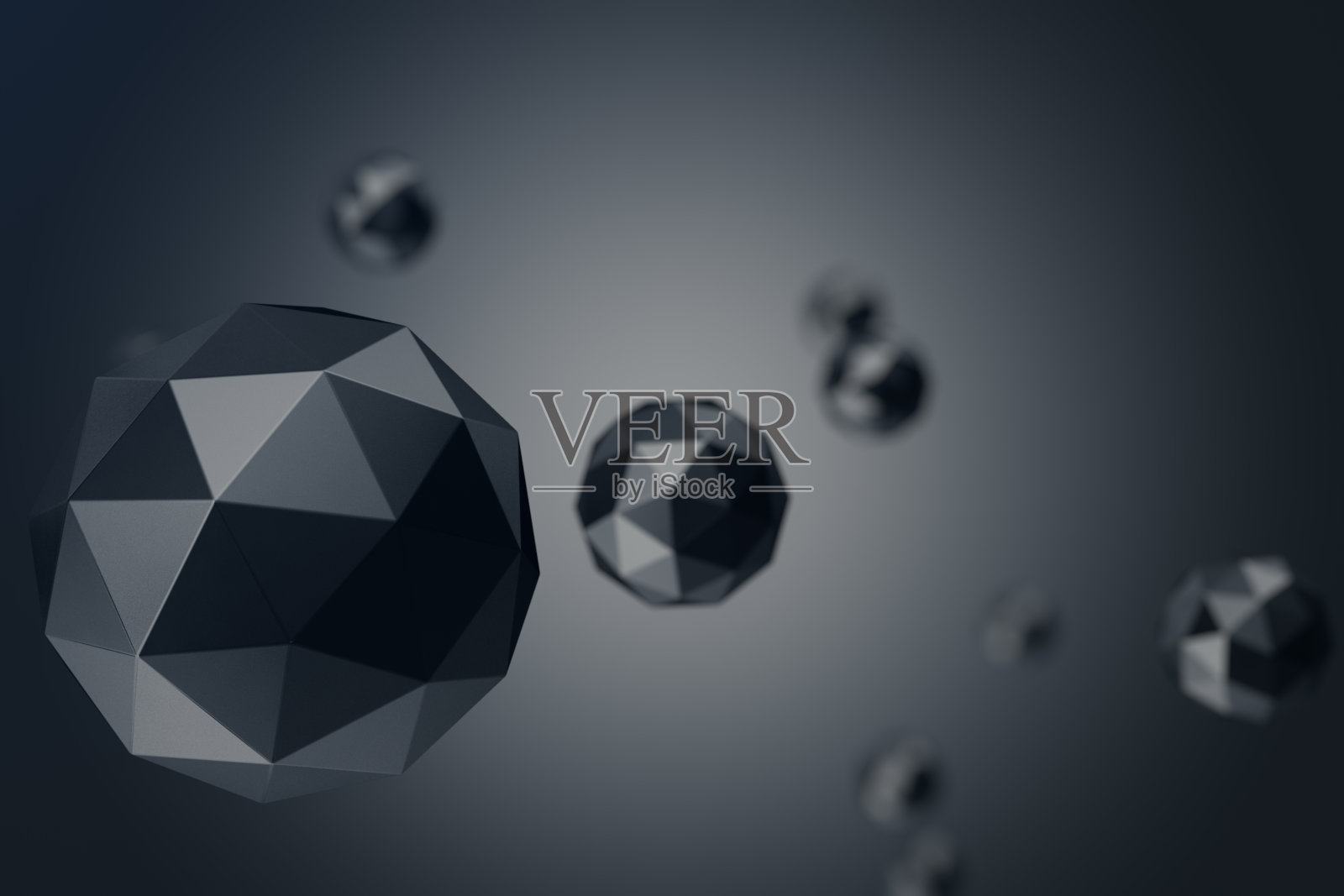 低多边形球体的3D插图抽象背景与散焦效果。多边形球体在黑色的背景空间。未来的背景为您的设计。插画图片素材