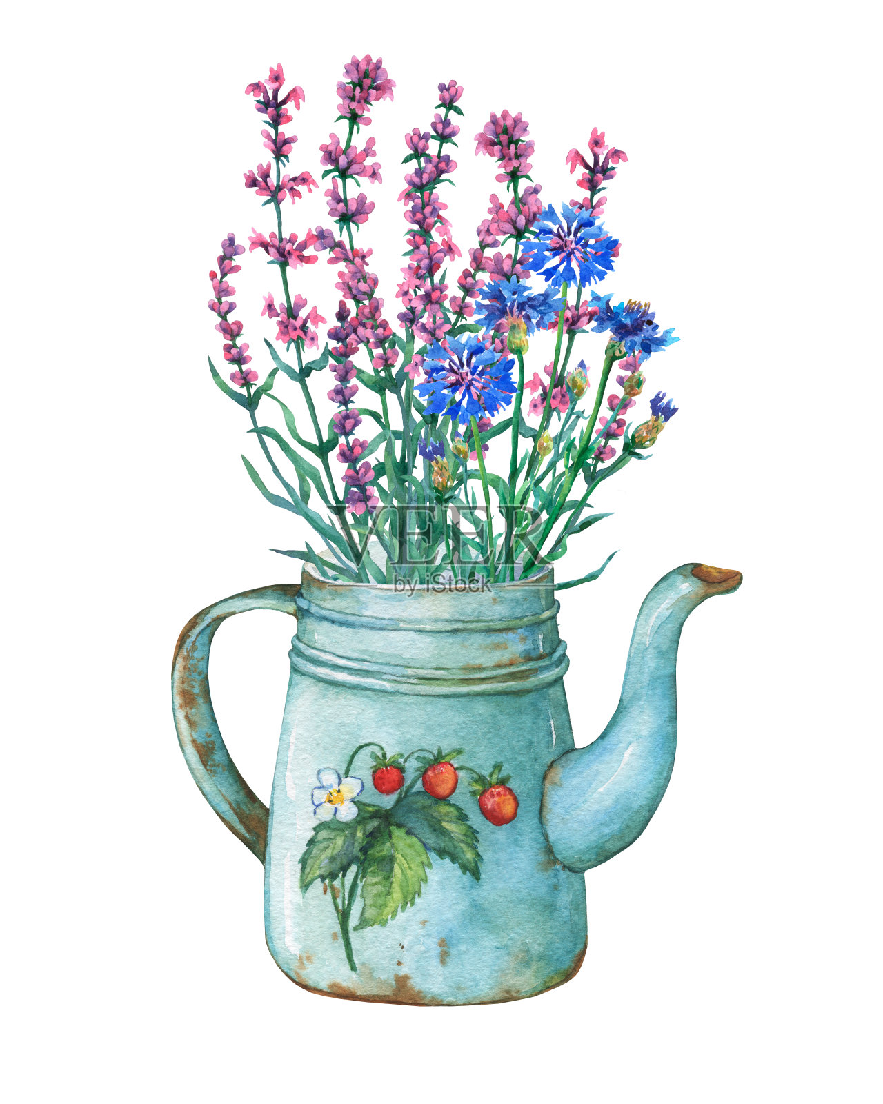 复古蓝色金属茶壶草莓图案和花束。手绘水彩画在白色的背景。插画图片素材
