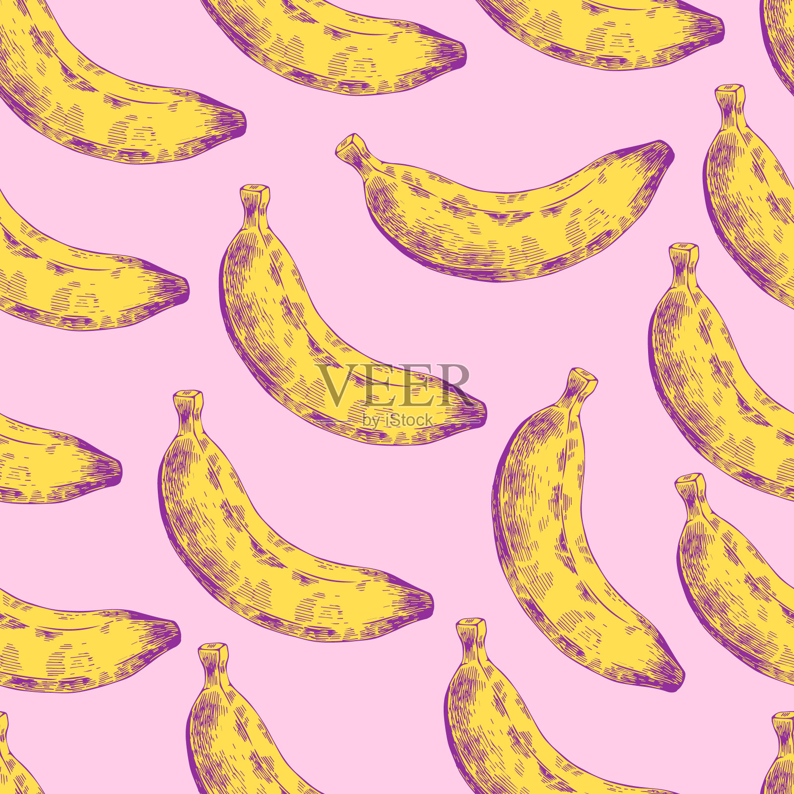 抽象无缝图案、壁纸、背景、背景。黄色和粉红色的手绘香蕉。矢量素描，热带异国水果。模板印刷，包装，广告，网页设计，卡片插画图片素材