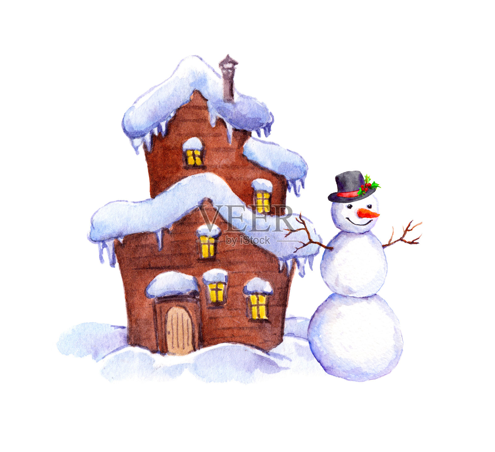 雪人和冬天的房子。水彩插画图片素材