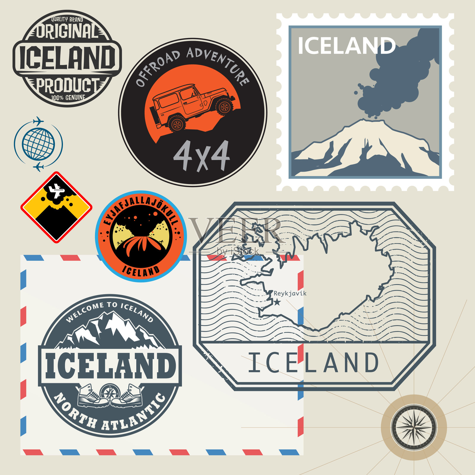 旅游邮票以冰岛为主题设计元素图片