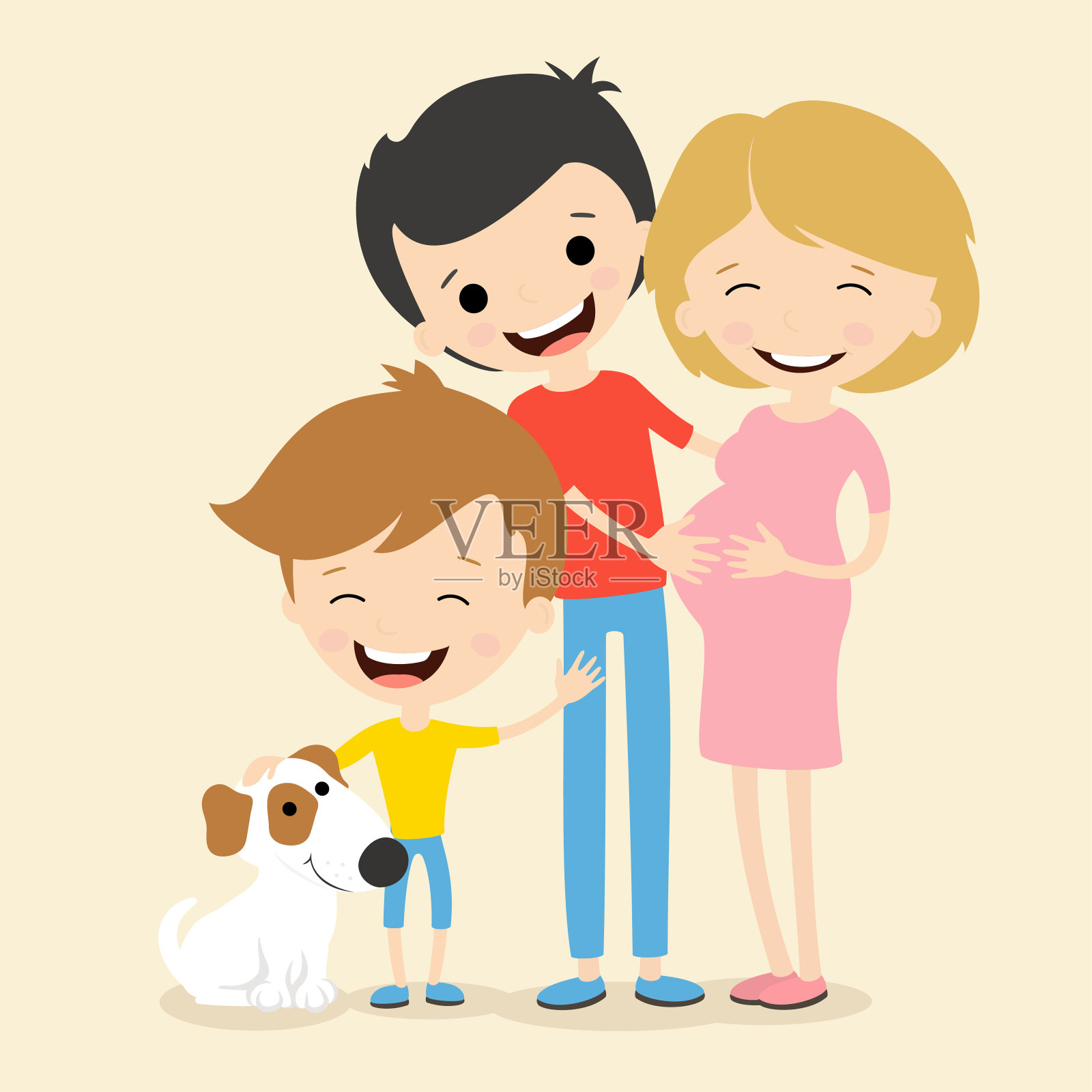 一个幸福的家庭。父亲，怀孕的母亲和儿子与狗。平面设计的矢量插图。插画图片素材