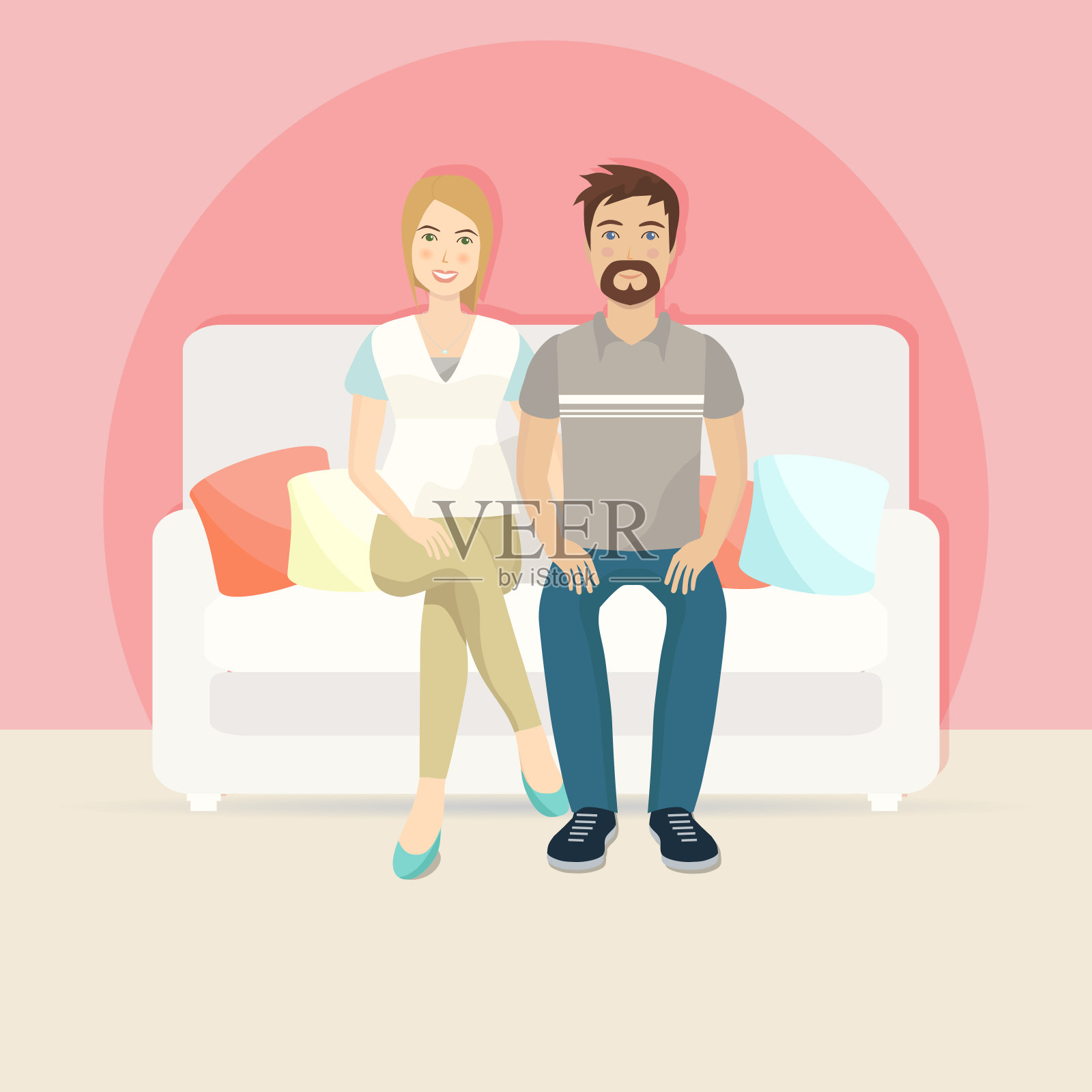 一对幸福的夫妇坐在沙发上。插画图片素材