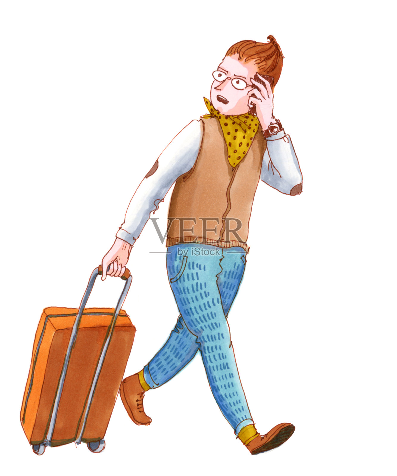 水彩插图孤立的白色背景。英俊的年轻人在旅途中提着行李边走边讲手机。出差商人打电话。插画图片素材