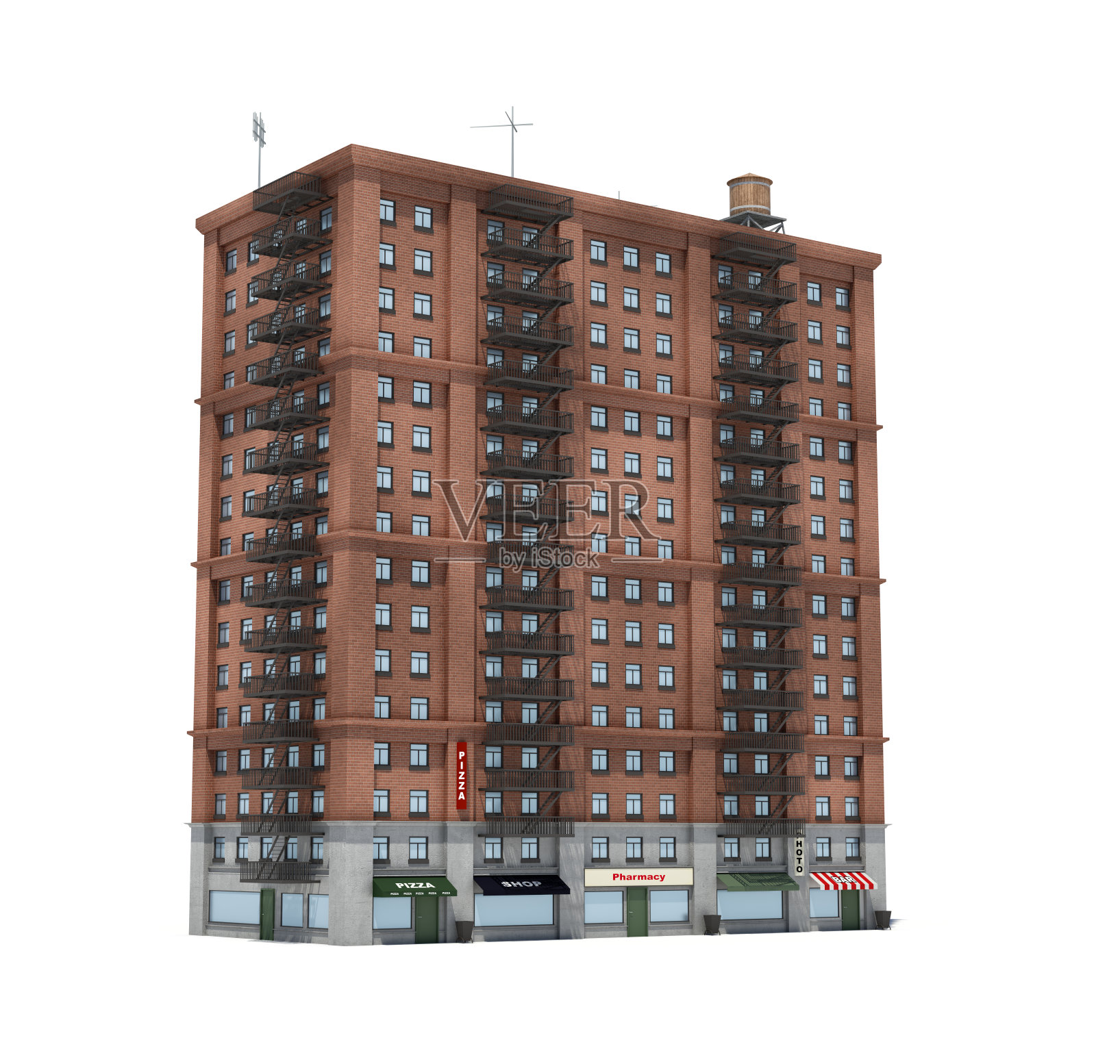 红砖公寓楼的3d渲染，一楼有防火梯和商店。插画图片素材